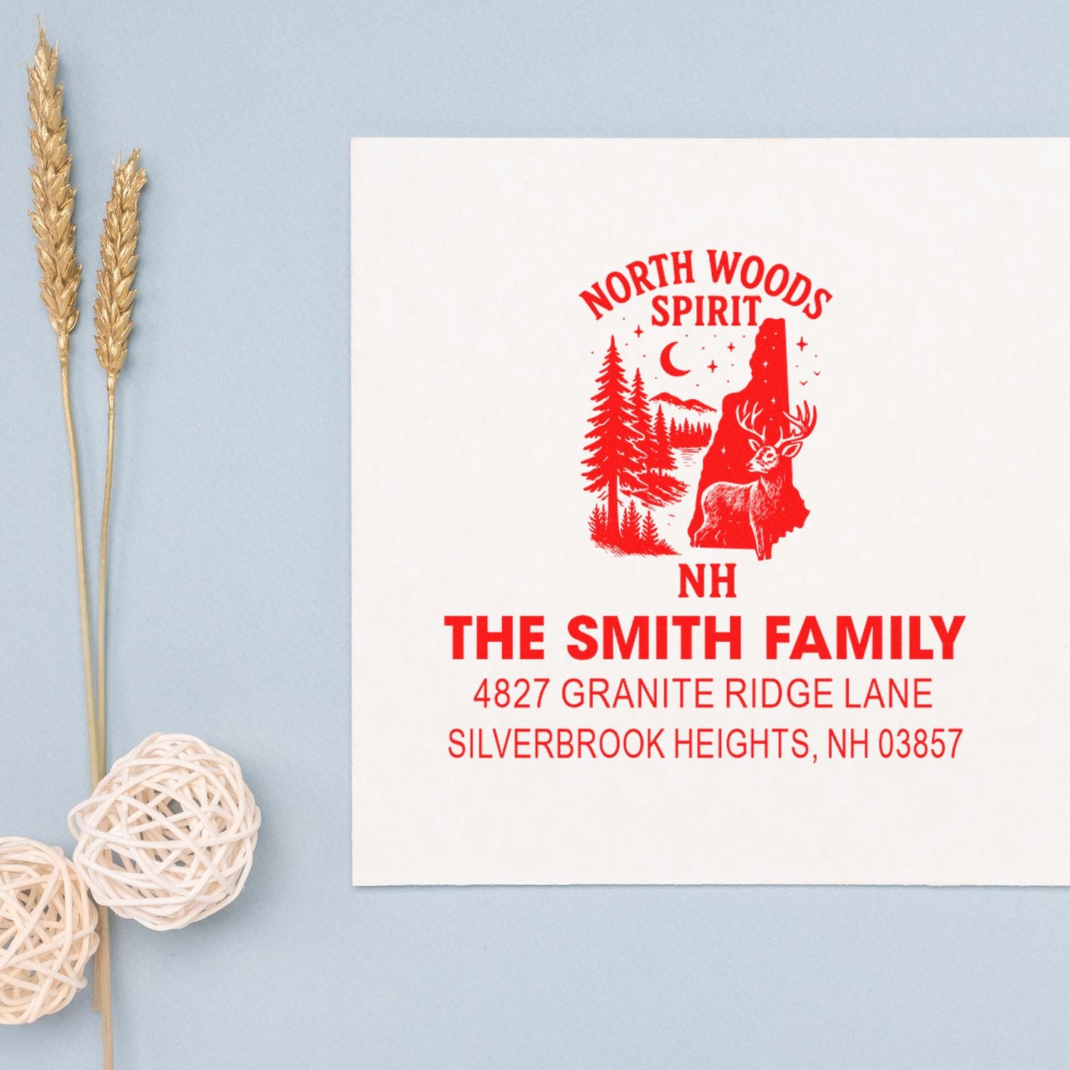 Custom family address rubber stamp with North Woods Spirit design, deer, and Silverbrook Heights, NH return address.