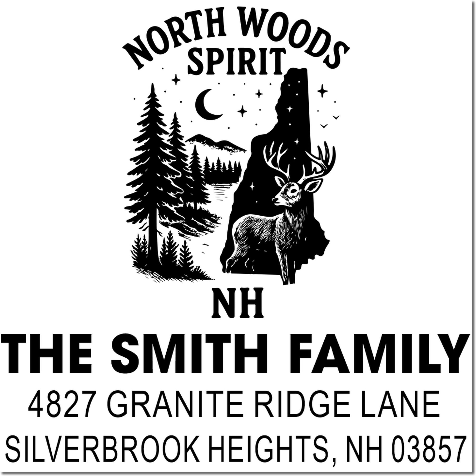 Custom NH address rubber stamp for The Smith Family, featuring North Woods Spirit forest deer design and Silverbrook Heights address.
