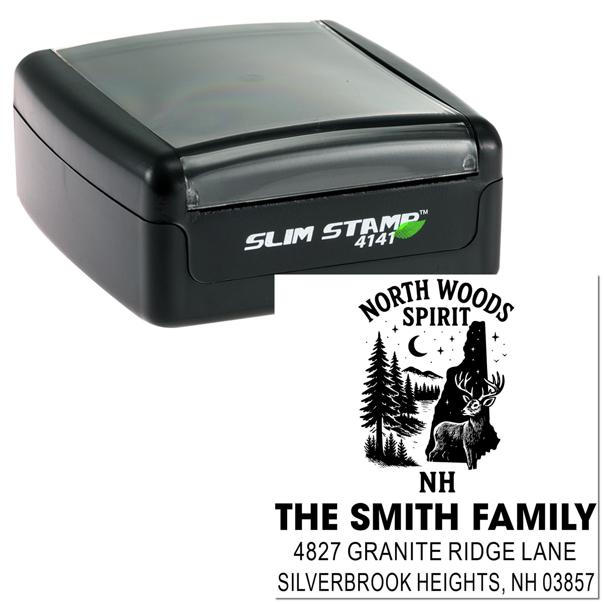 Self-inking Slim Stamp 4141 custom rubber return address stamp for The Smith Family, North Woods Spirit design.