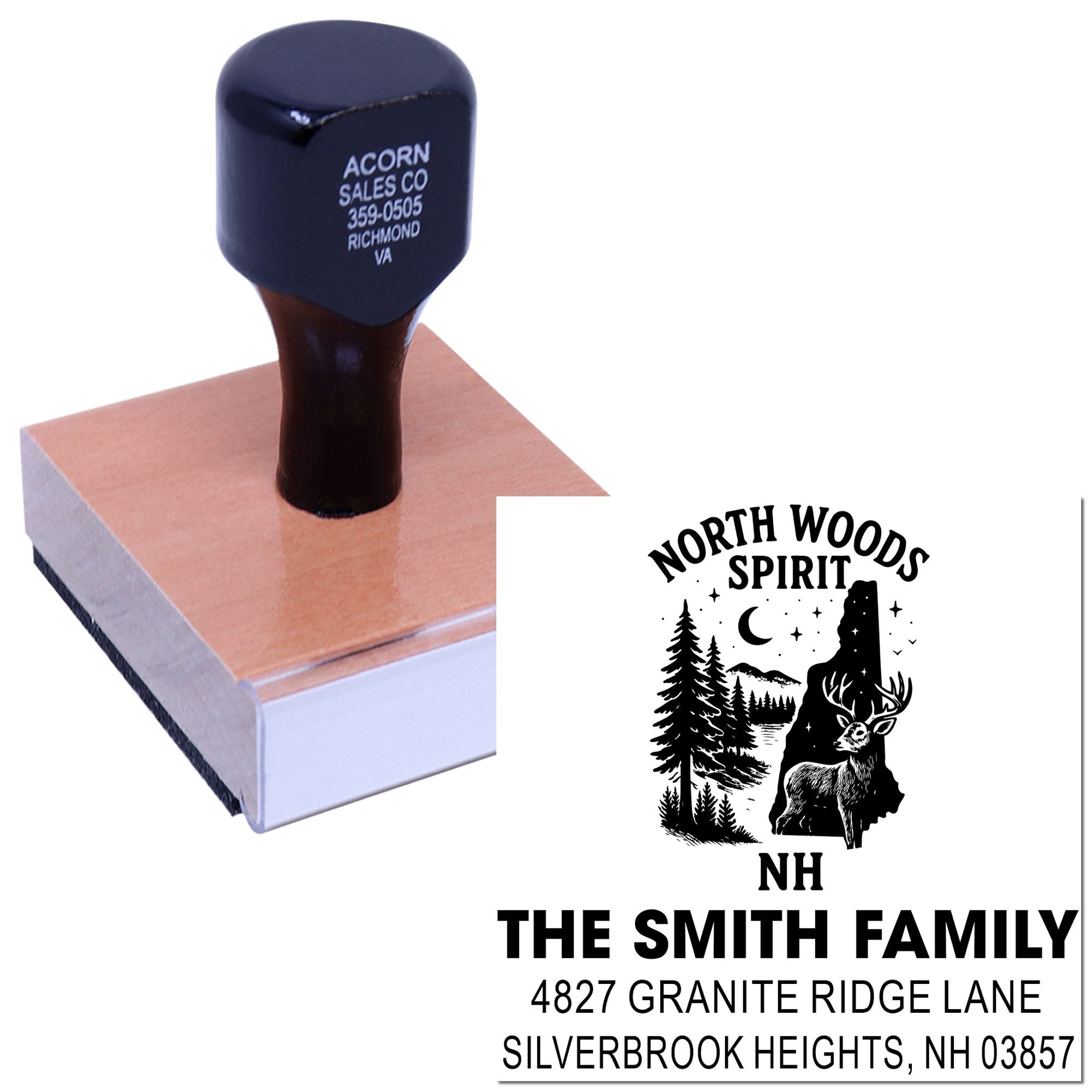 Custom rubber stamp with North Woods Spirit family address and deer logo design for personalized mailing and branding.