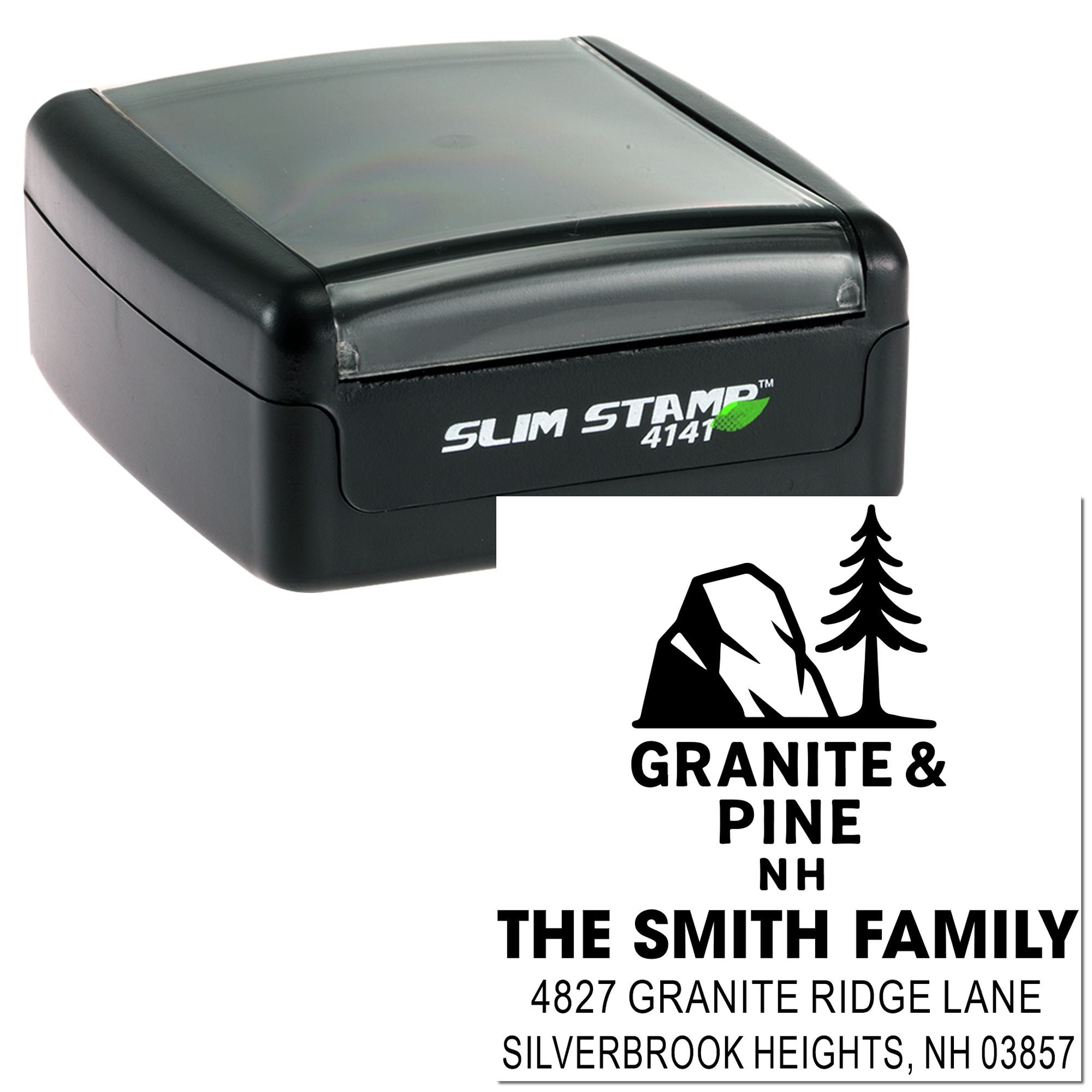 Custom self-inking address stamp with pine logo and The Smith Family return address for Granite & Pine, NH