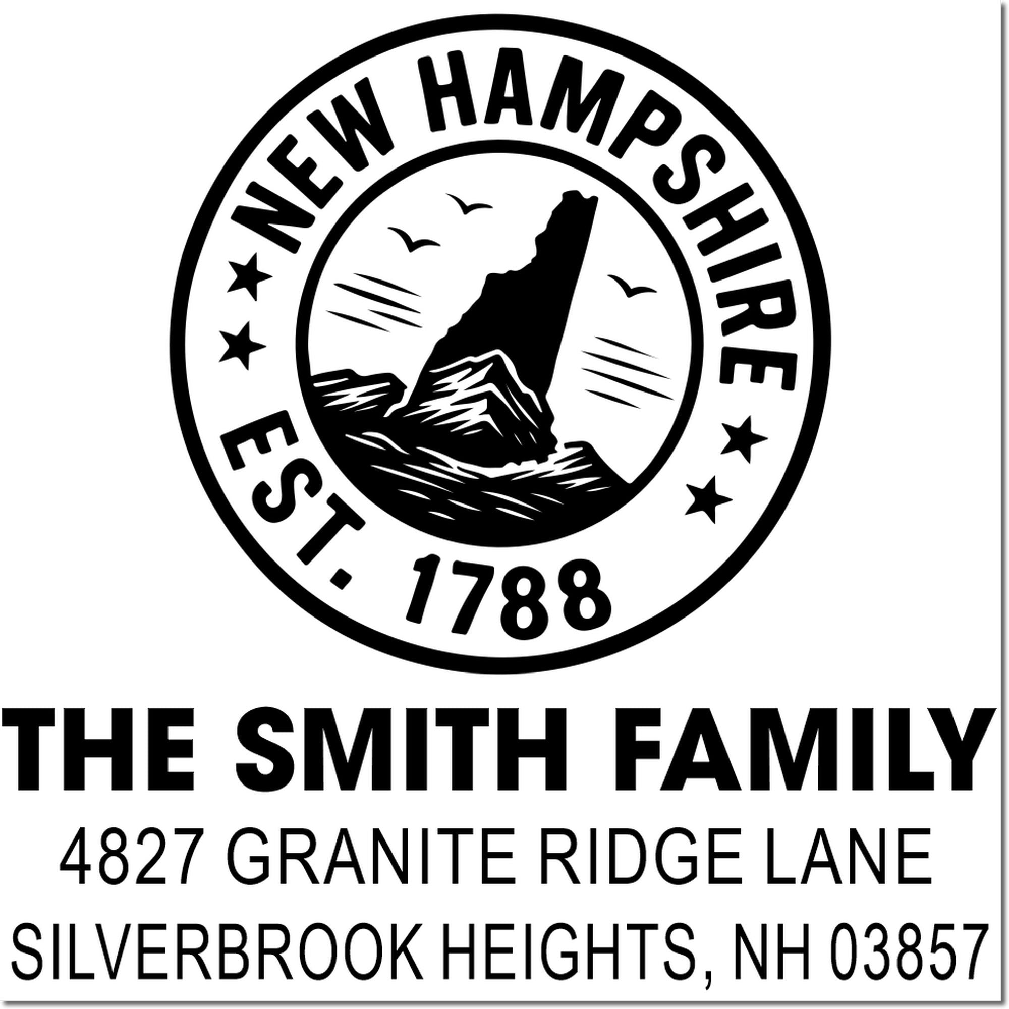 Custom New Hampshire return address rubber stamp for The Smith Family, featuring mountain logo and Silverbrook Heights address.