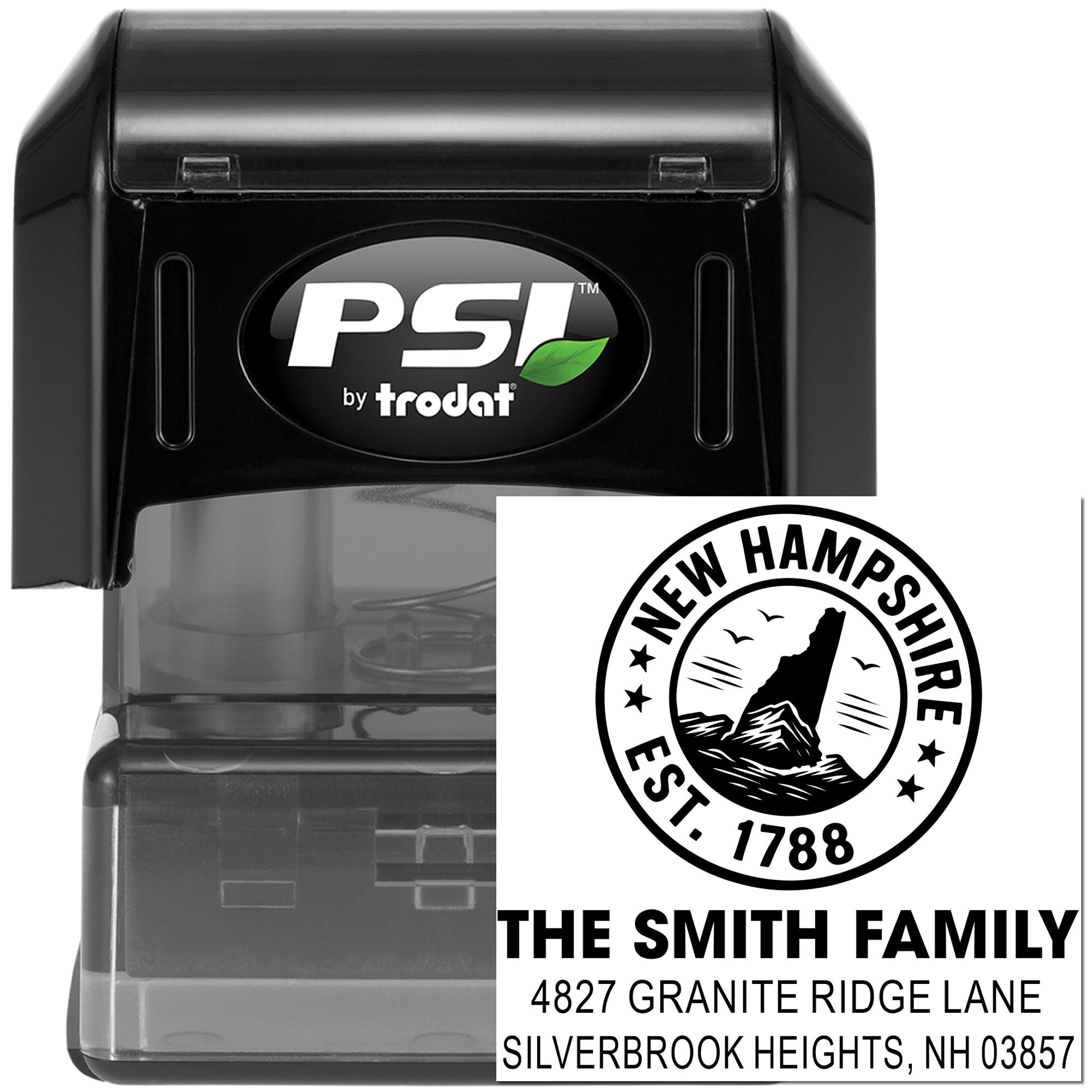Personalized self-inking rubber address stamp with New Hampshire family seal, name, and return address, PSI by Trodat.