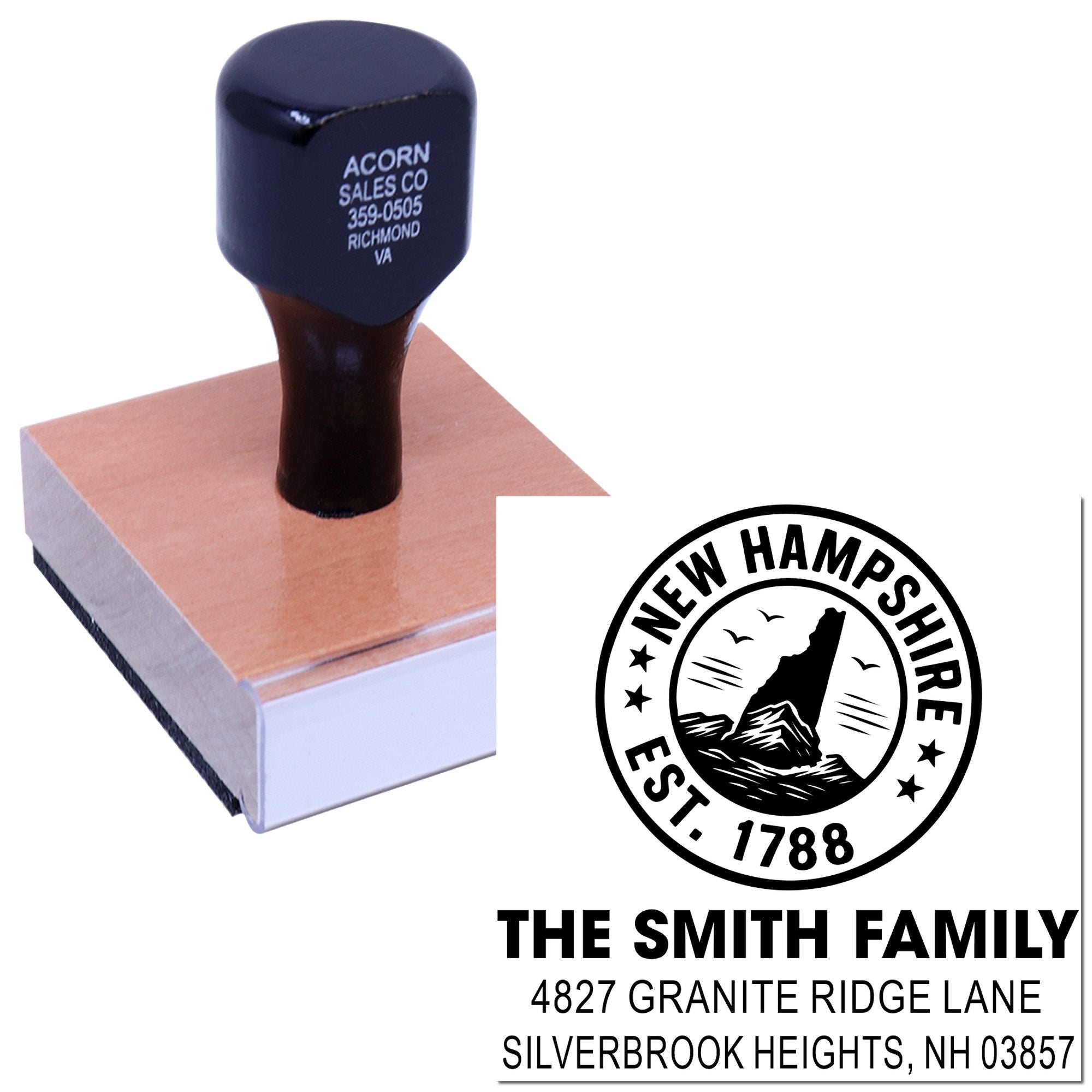 Custom rubber stamp with wooden handle and personalized New Hampshire family address design.