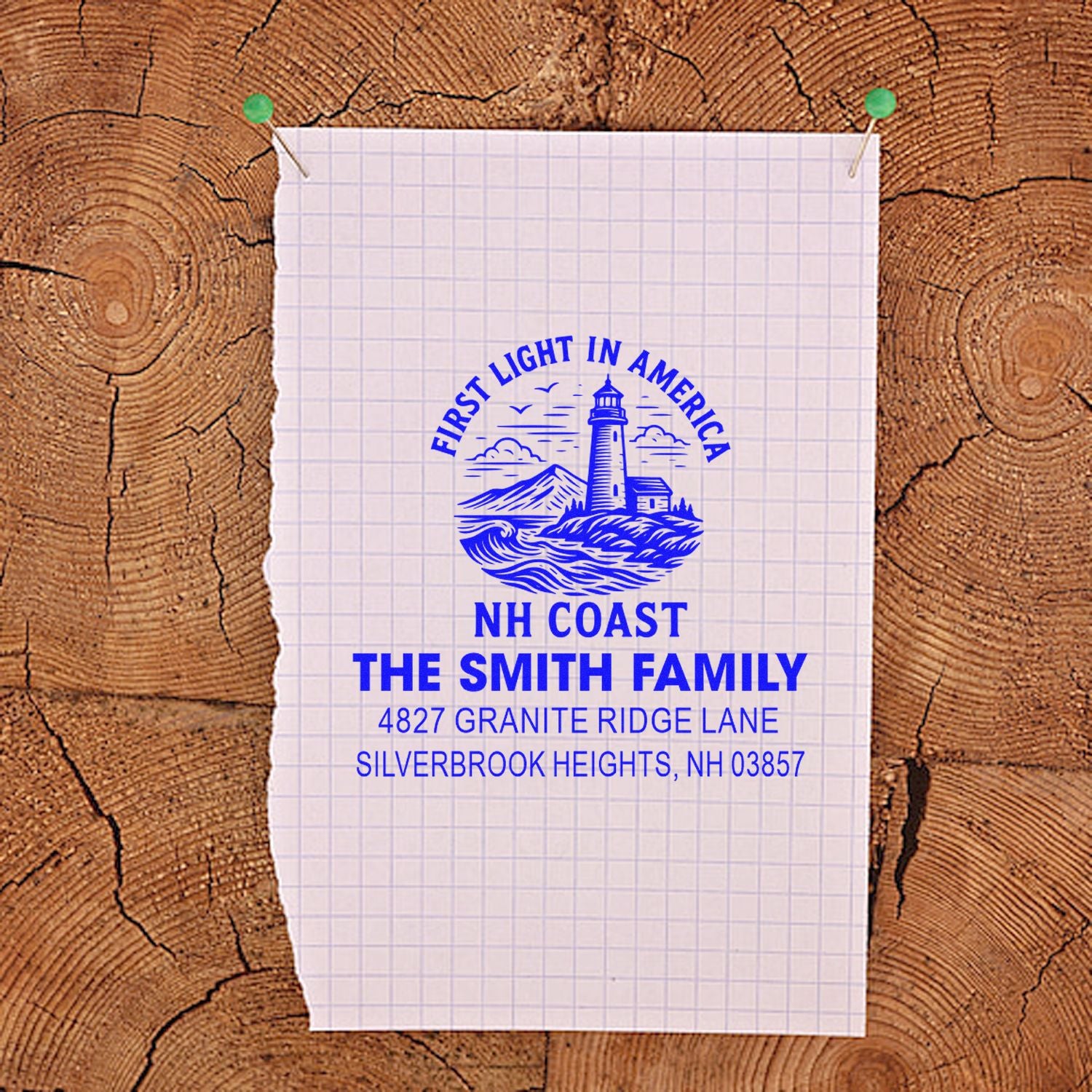 Custom rubber address stamp with lighthouse logo, NH Coast, and The Smith Family return address.