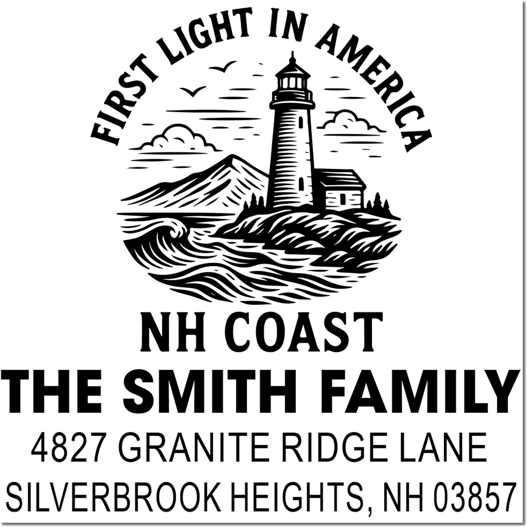 Custom return address rubber stamp with lighthouse design for The Smith Family, Silverbrook Heights, NH 03857.