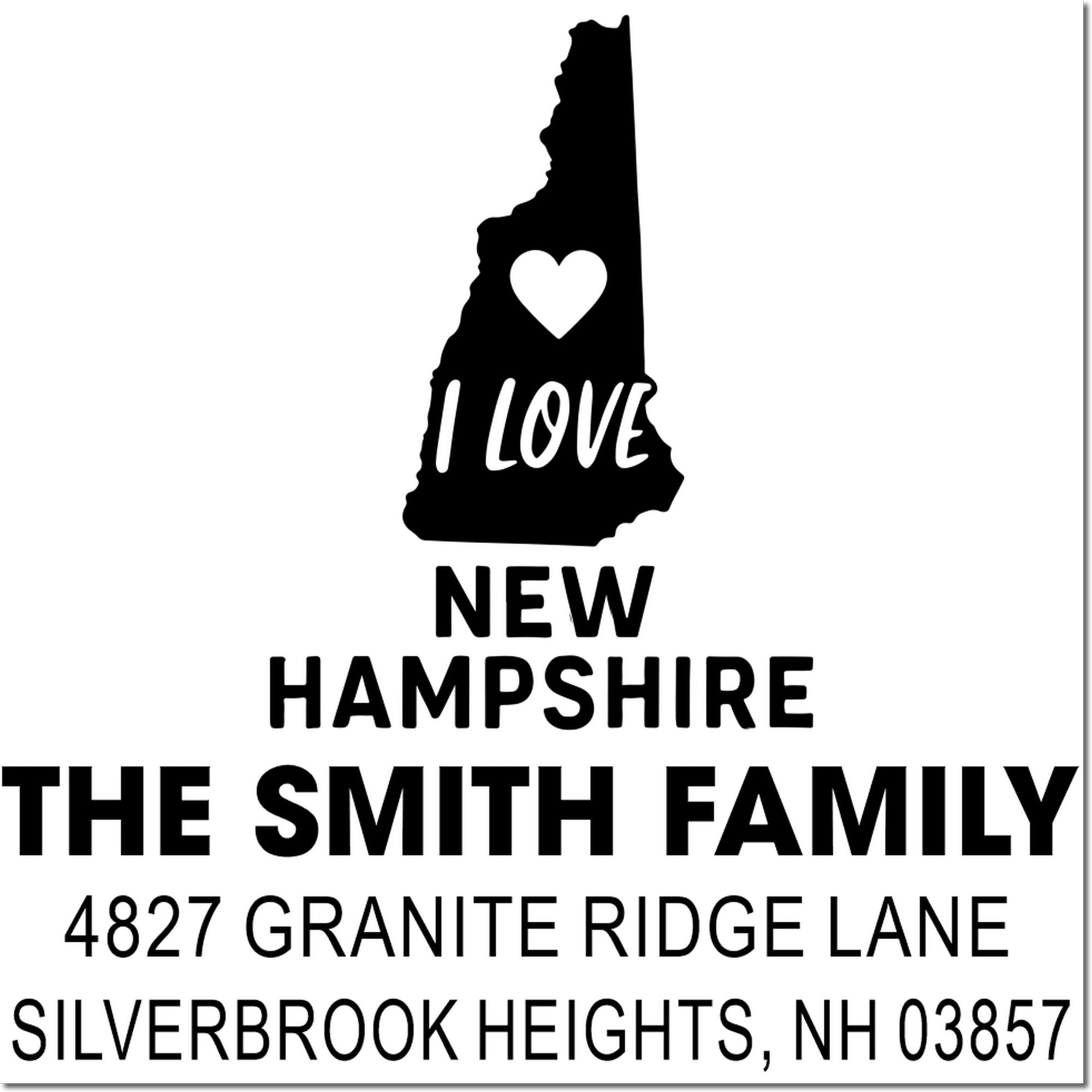 Custom New Hampshire rubber stamp return address for The Smith Family, Silverbrook Heights, NH 03857.