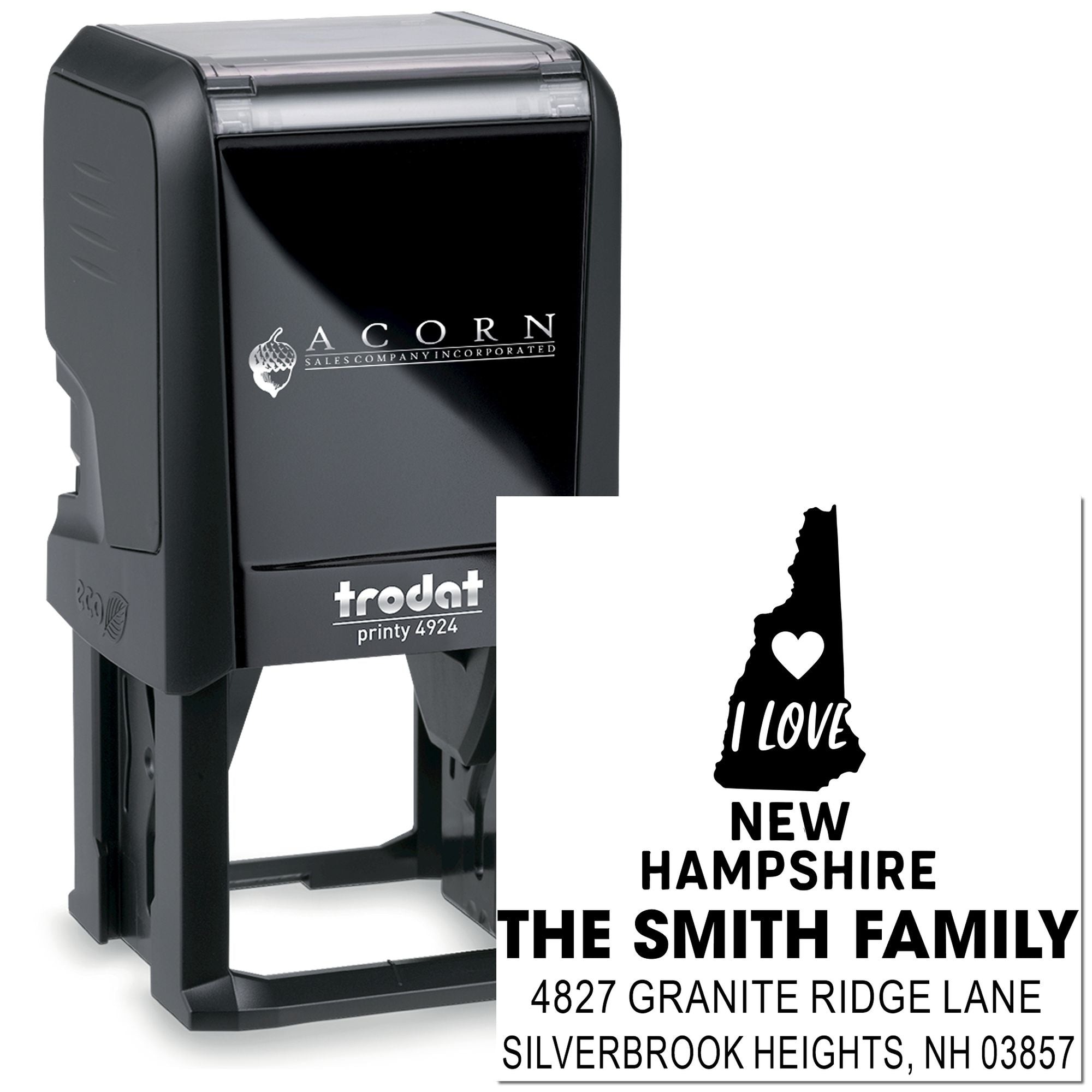 Custom self-inking rubber stamp for New Hampshire return address labels, featuring state outline and I Love New Hampshire design.