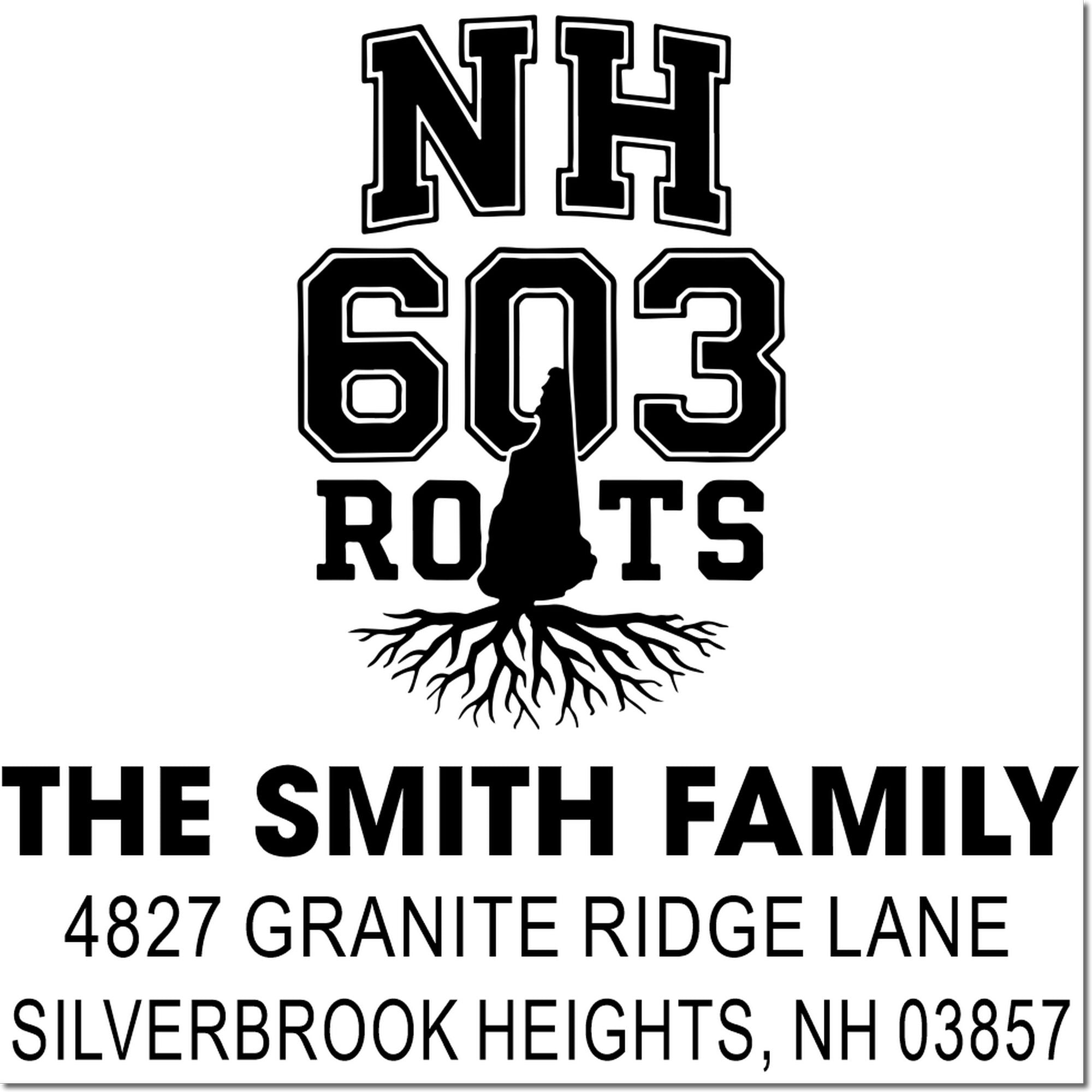 New Hampshire 603 roots custom family address rubber stamp for The Smith Family, Silverbrook Heights, NH 03857.