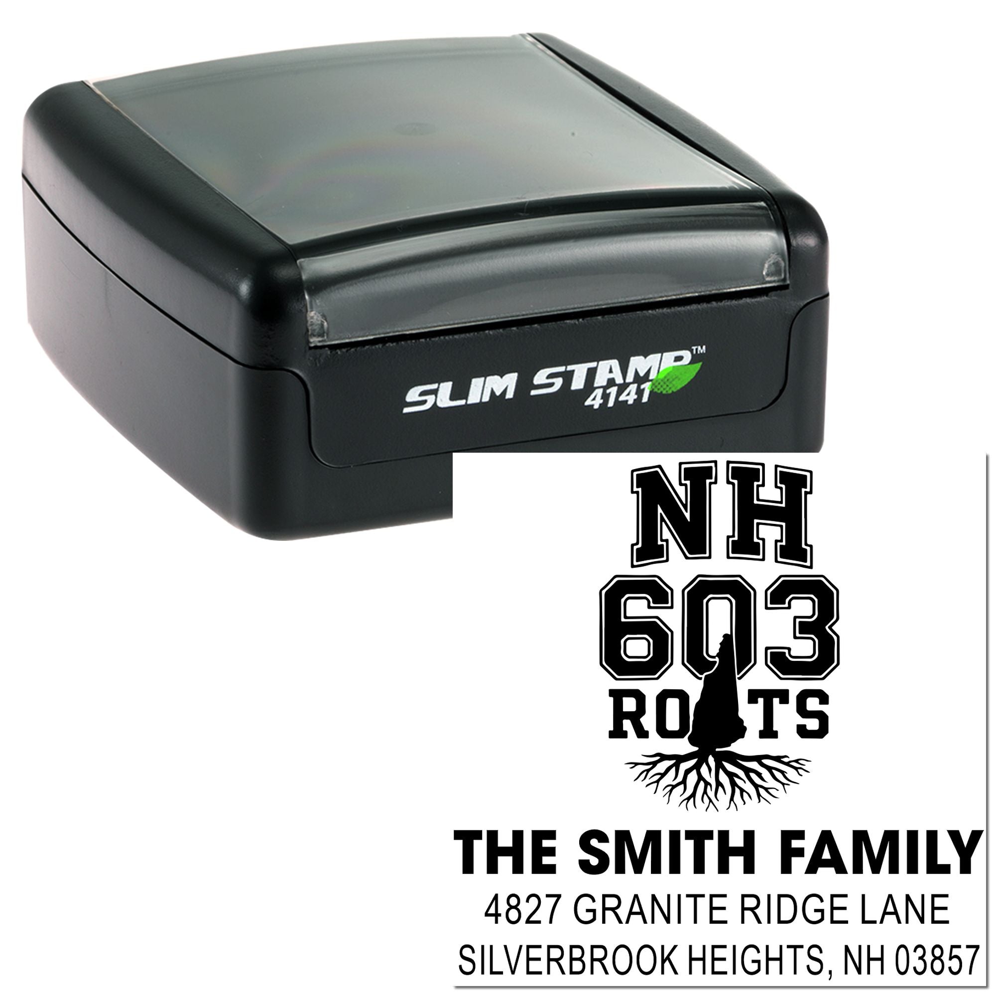 Custom Slim Stamp 4141 self-inking rubber stamp with NH 603 Roots design and The Smith Family return address.
