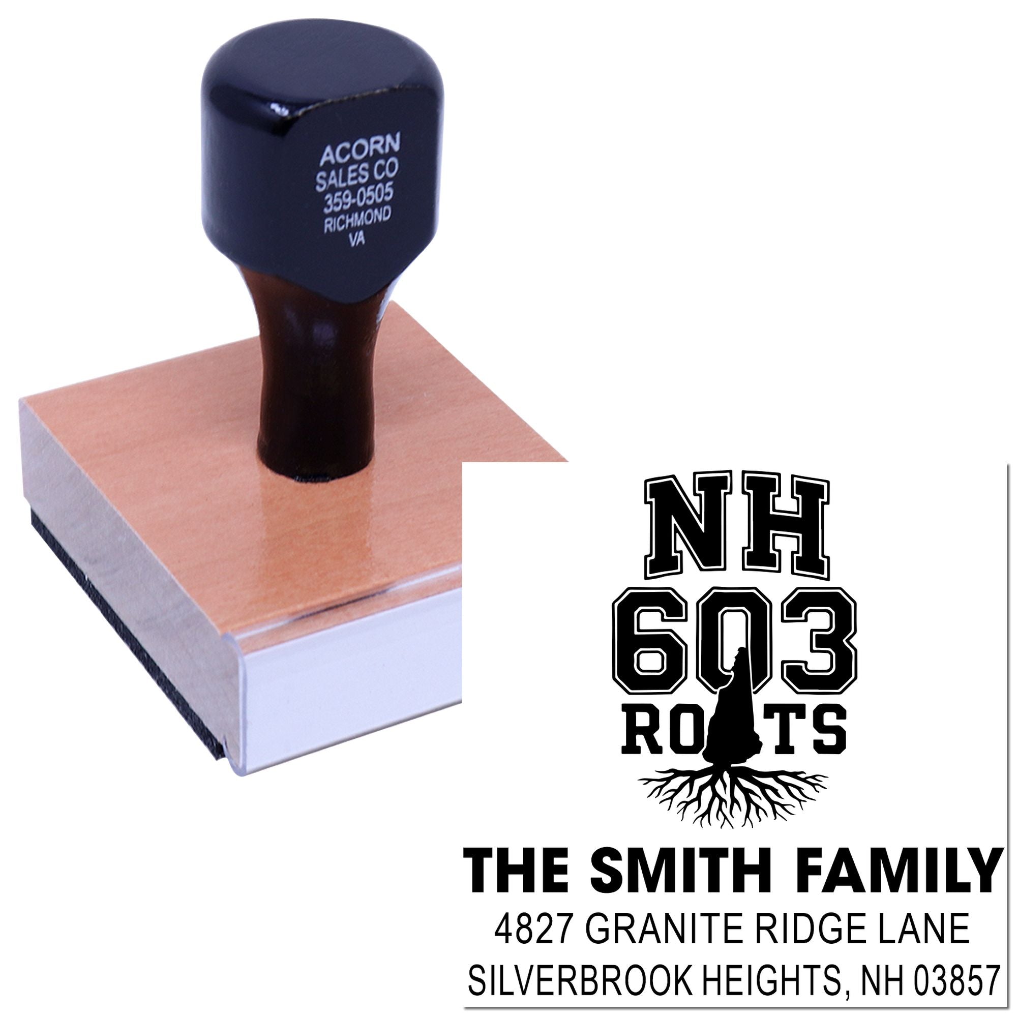 Custom rubber address stamp with NH 603 Roots design and The Smith Family return address for Silverbrook Heights, NH.