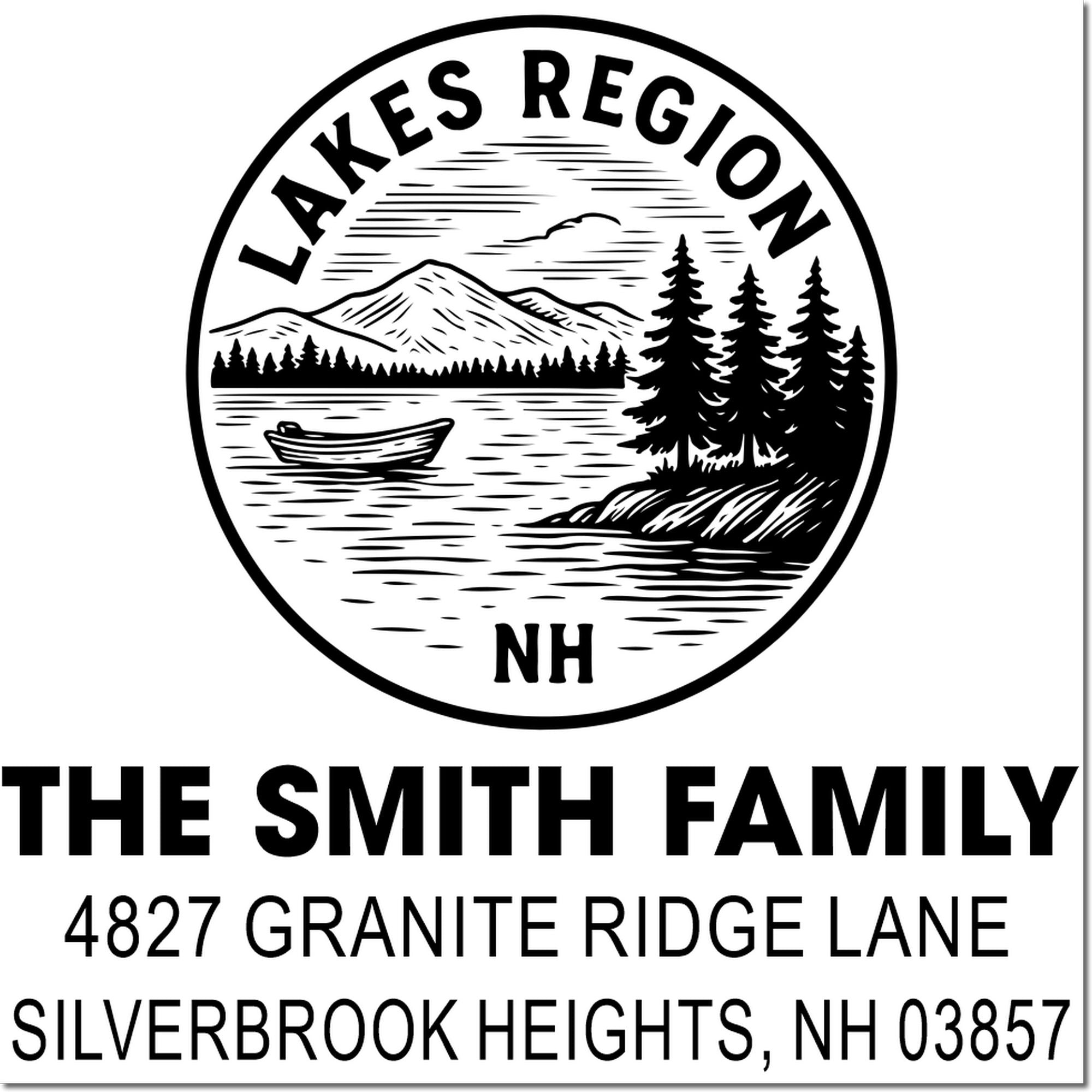 Custom Lake Region NH address rubber stamp for The Smith Family, 4827 Granite Ridge Lane, Silverbrook Heights, NH 03857