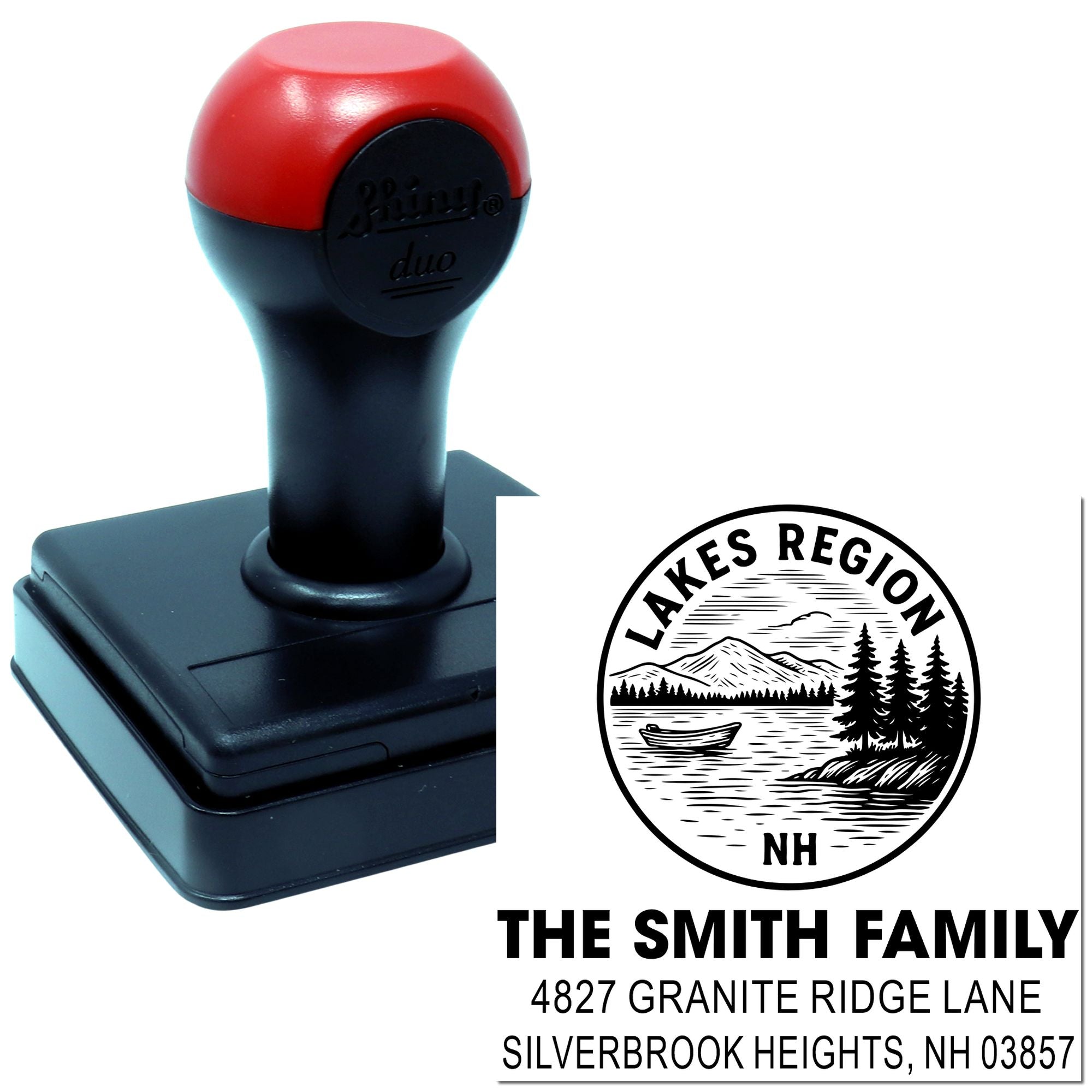 Custom self-inking rubber stamp for personalized return address, featuring Lakes Region NH design for The Smith Family.