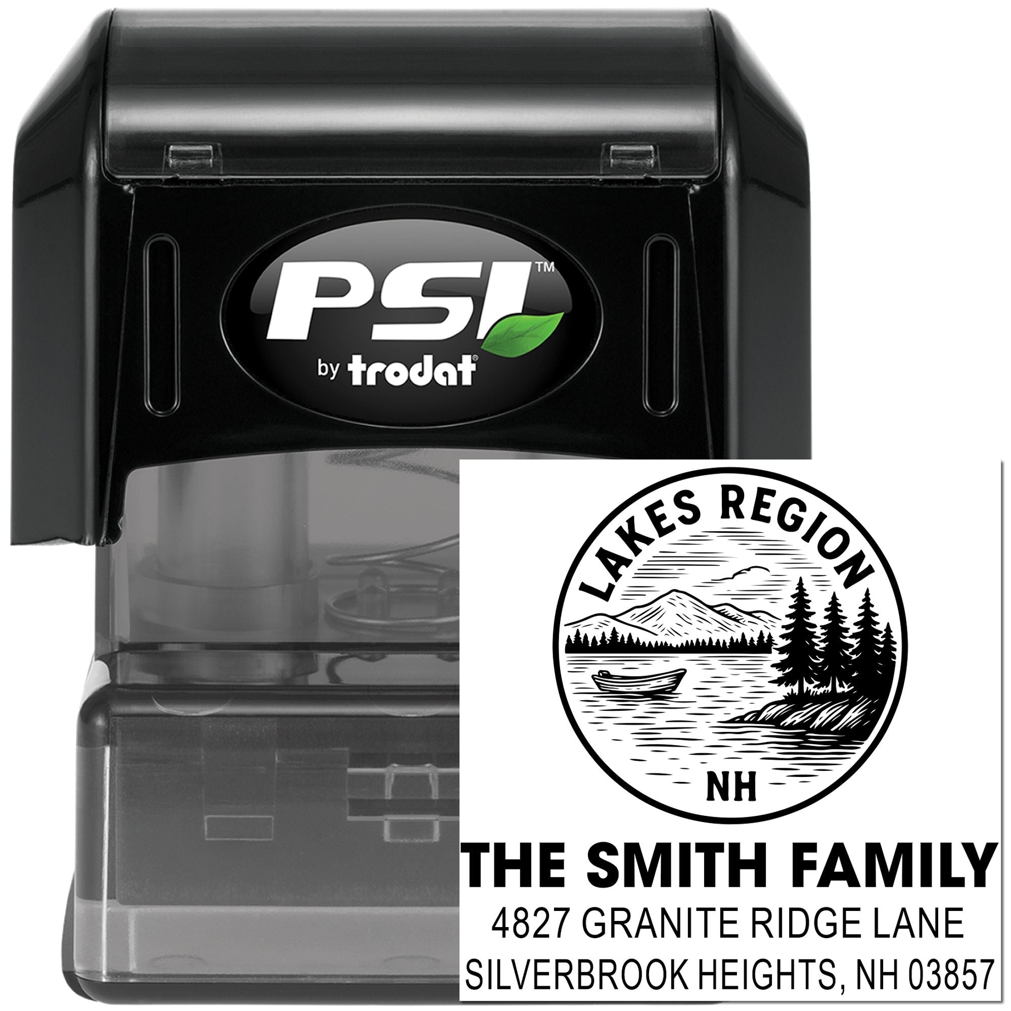 Custom self-inking rubber address stamp by PSI Trodat with Lakes Region, NH family return address design
