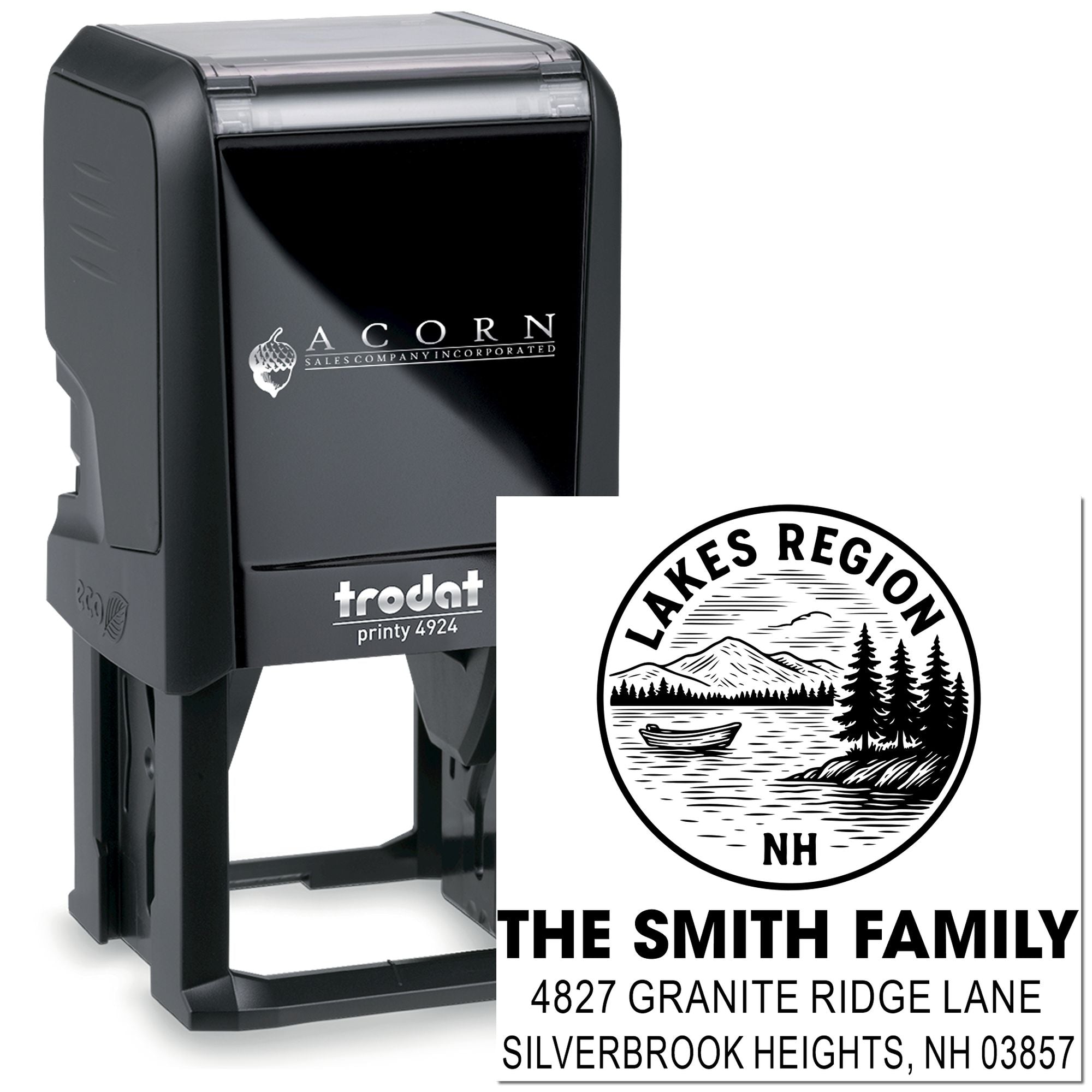 Custom self-inking rubber address stamp with Lakes Region NH family design for The Smith Family mailing label.