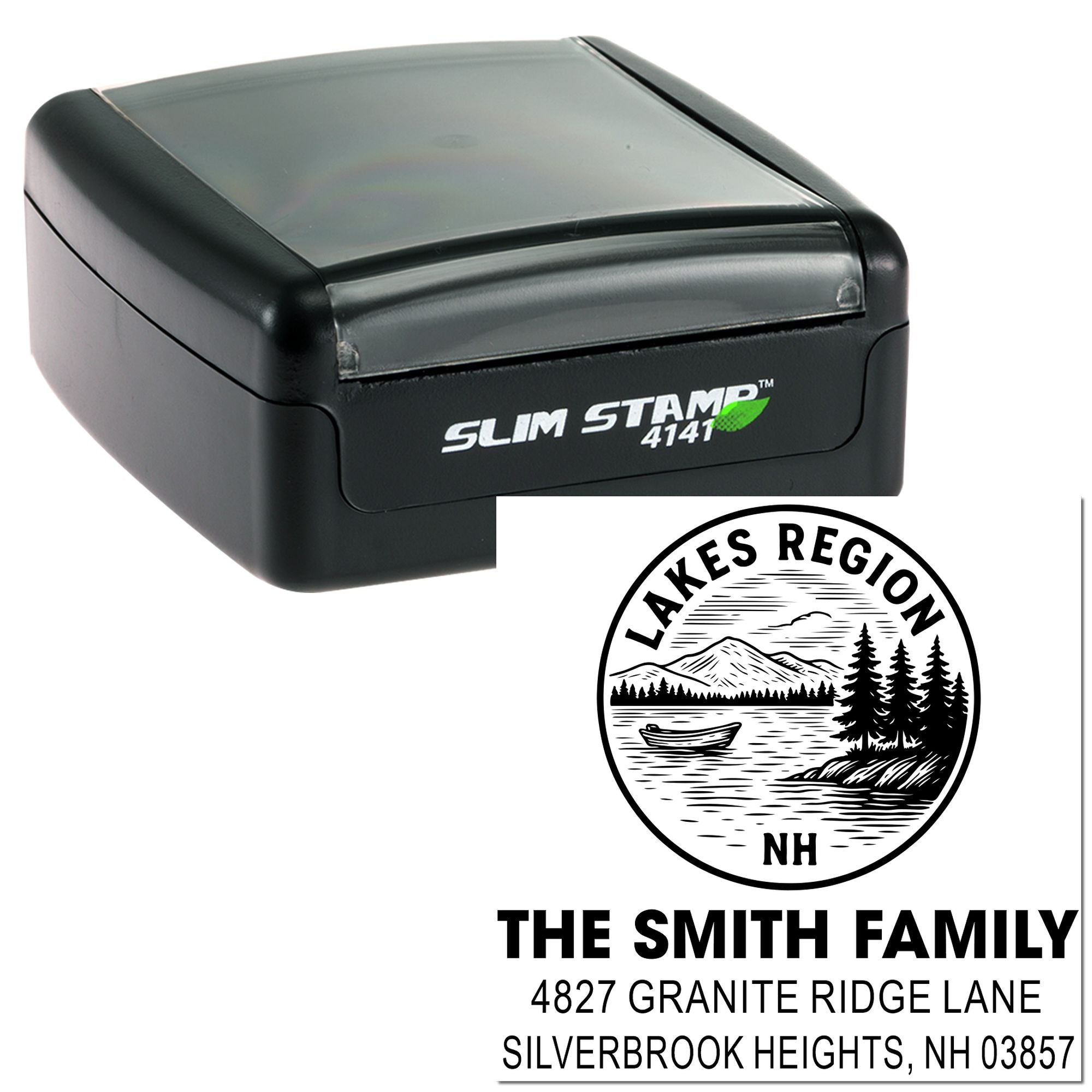 Custom self-inking rubber address stamp featuring Lakes Region NH family return address, Slim Stamp 4141.