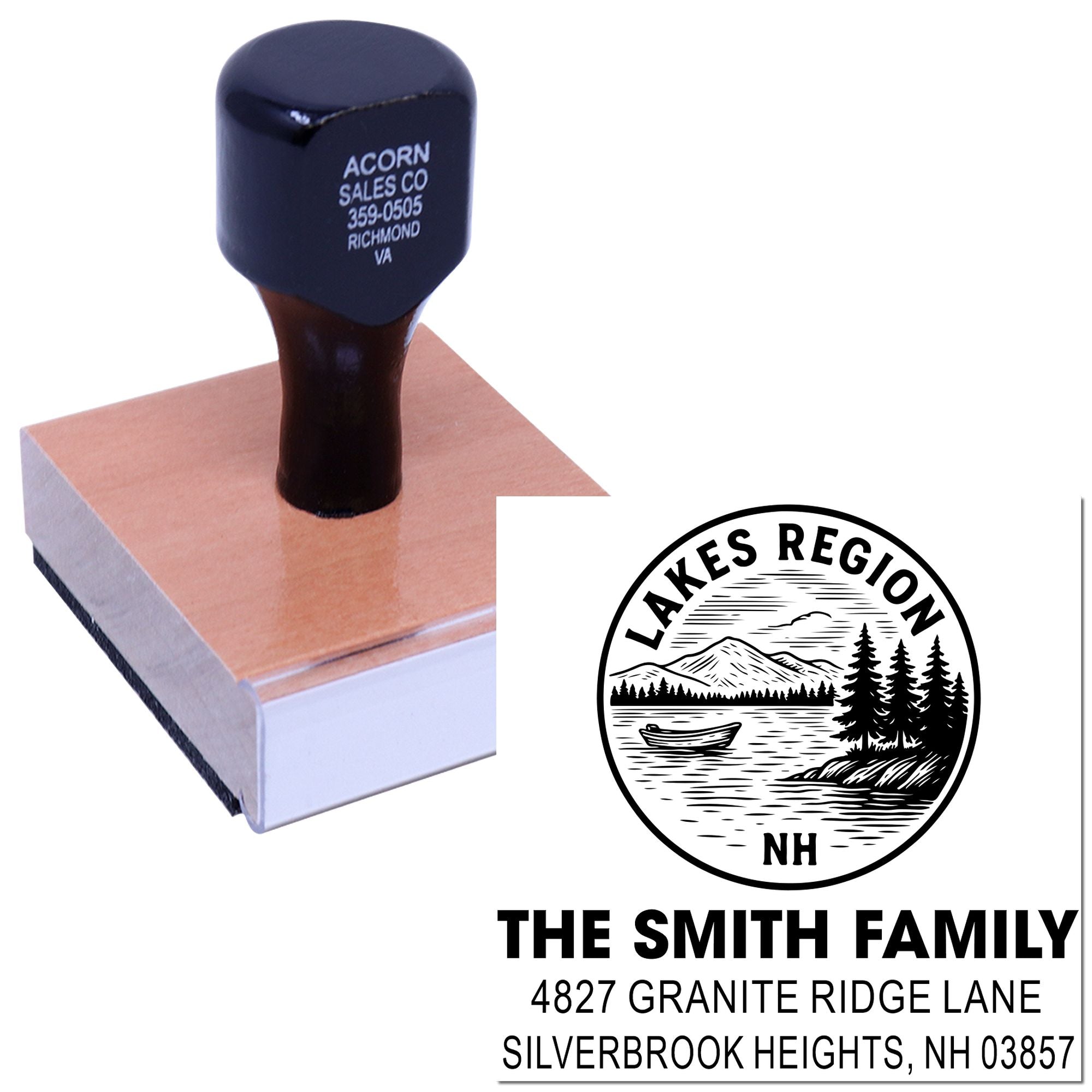 Custom family address rubber stamp with Lakes Region NH design and The Smith Family mailing address.