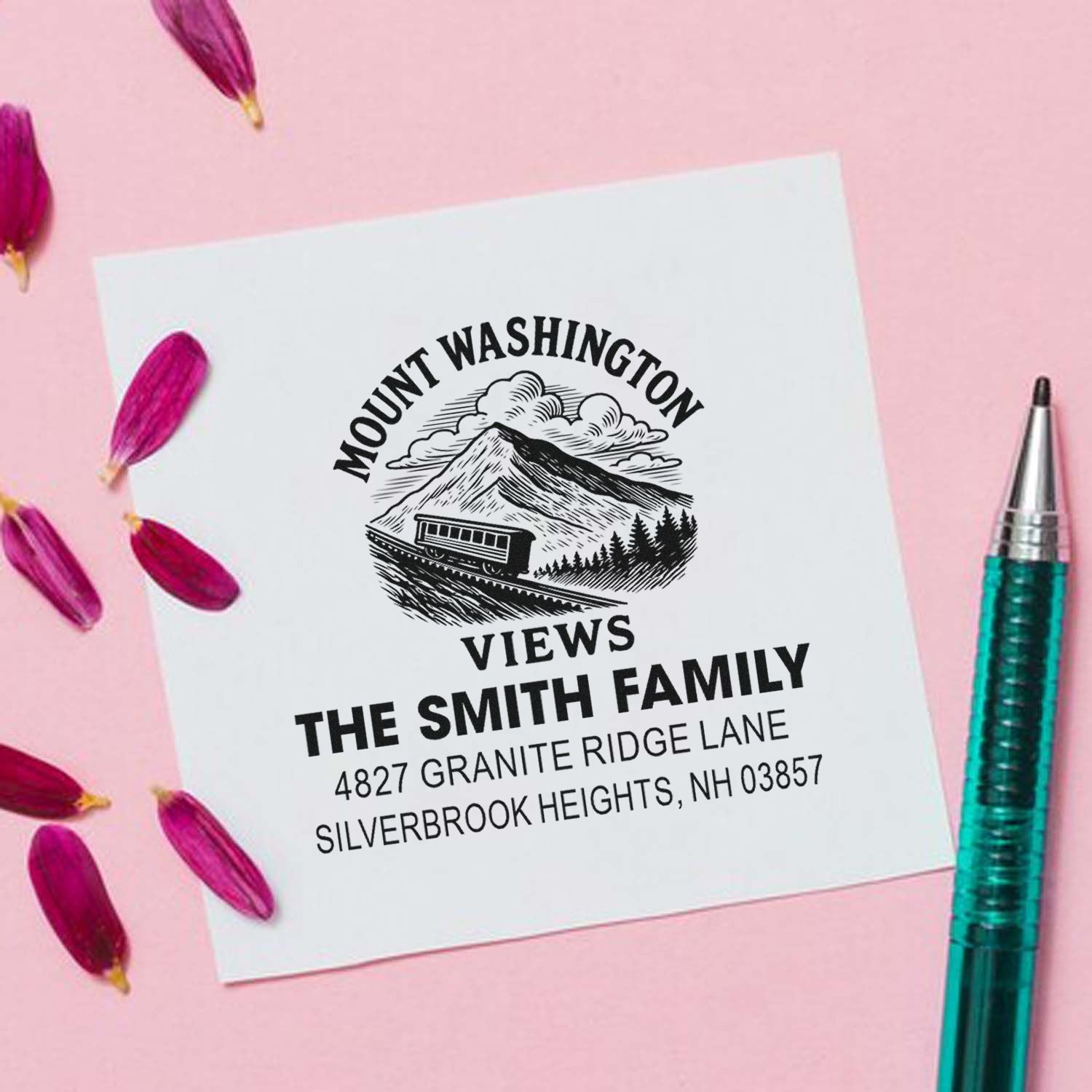 Personalized Mount Washington views return address rubber stamp for The Smith Family, Silverbrook Heights, NH