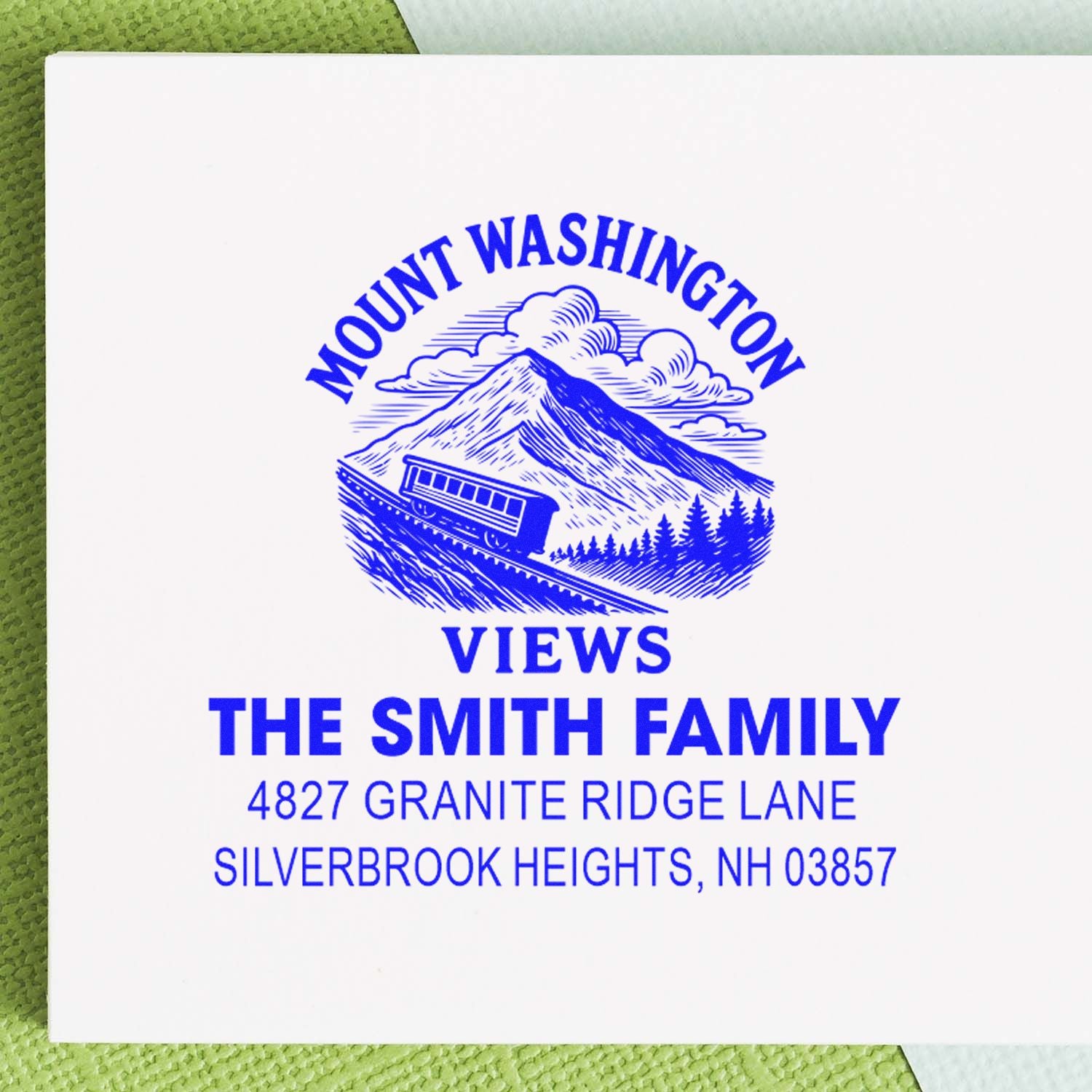 Custom family return address rubber stamp with Mount Washington Views design, The Smith Family, Silverbrook Heights, NH 03857