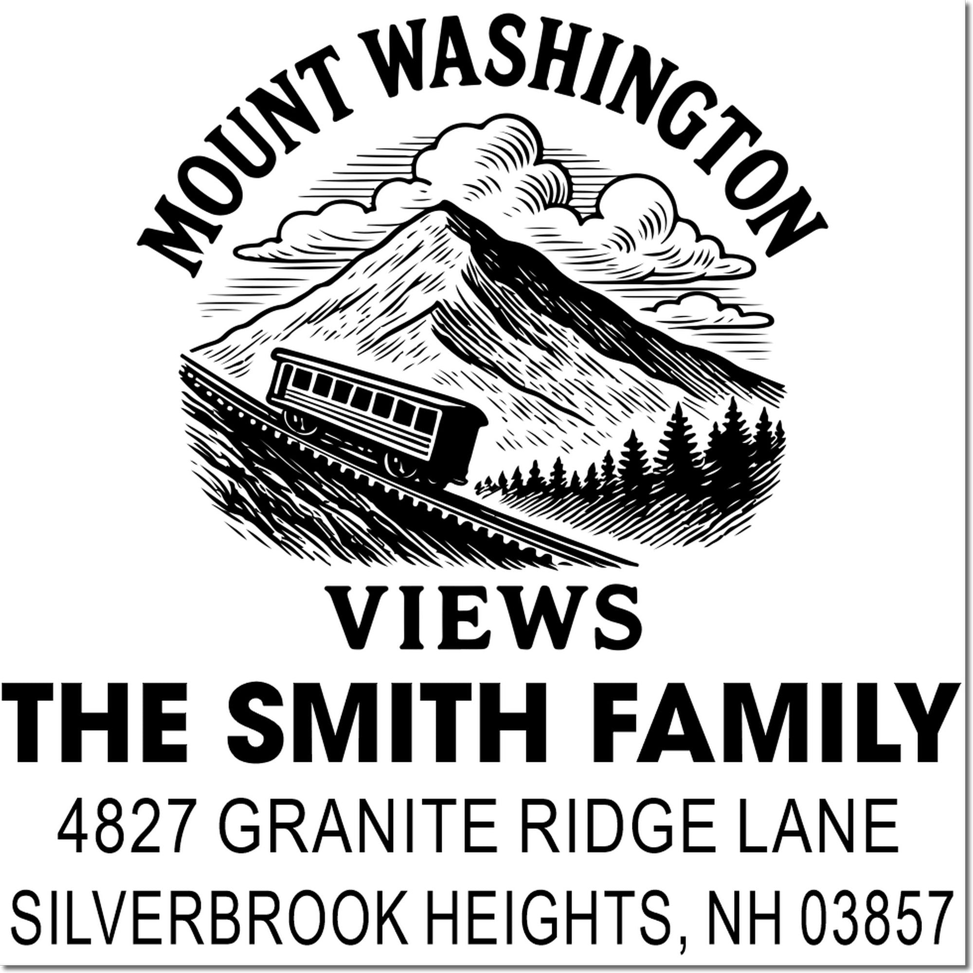 Custom rubber stamp return address for The Smith Family, with mountain train design and Silverbrook Heights, NH 03857.