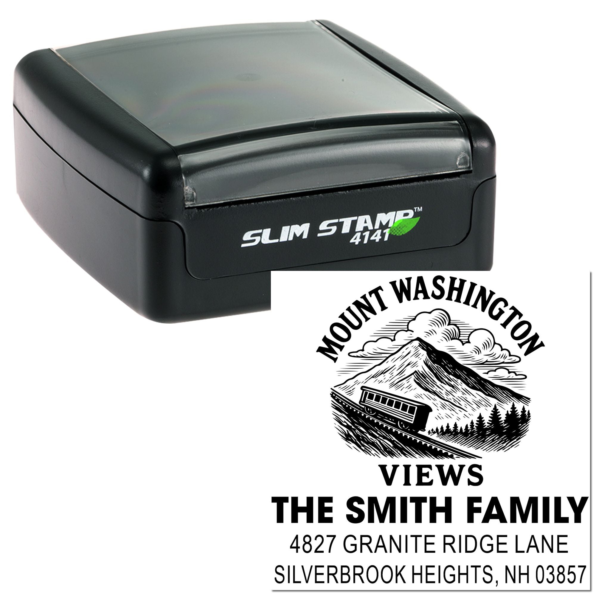 Custom self-inking address rubber stamp with mountain train return address design for The Smith Family.