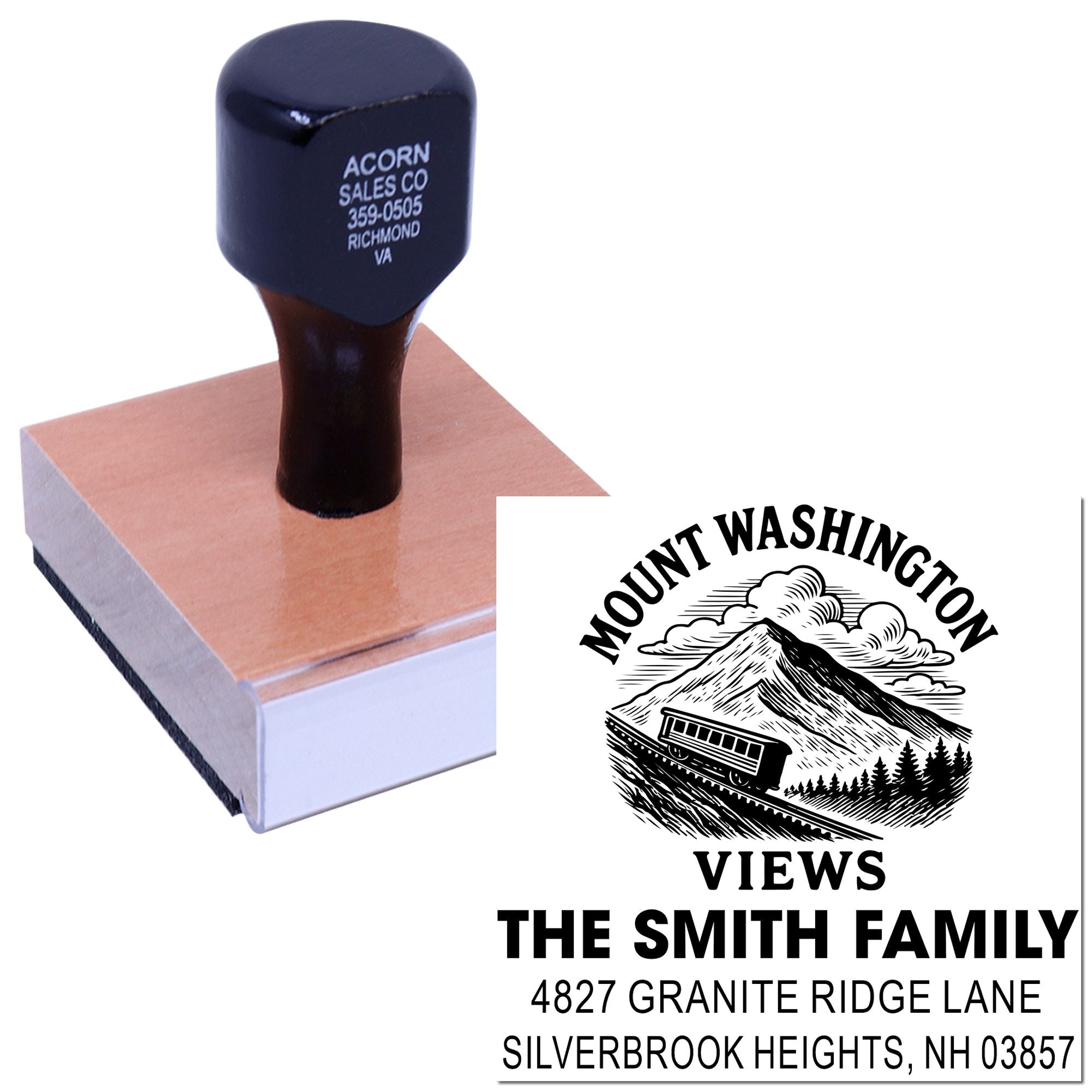 Personalized rubber address stamp with mountain train logo, family name, and return address on a wooden stamp block.