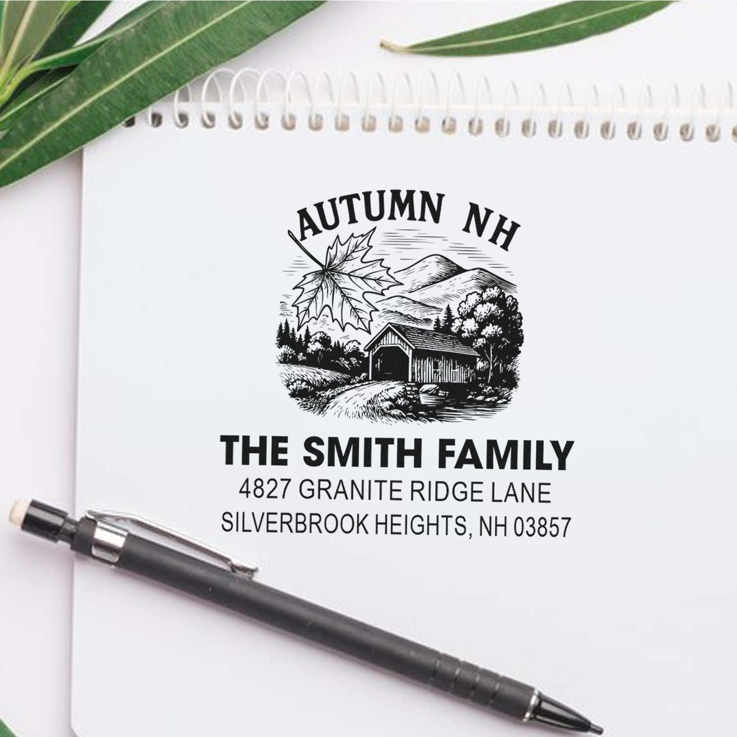Custom return address rubber stamp with autumn New Hampshire design for The Smith Family, Silverbrook Heights mailing and stationery.