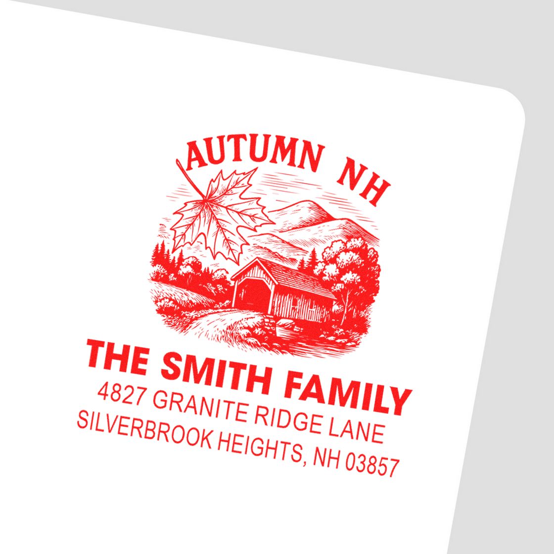 Custom autumn family address rubber stamp with maple leaf and covered bridge for The Smith Family in Silverbrook Heights, NH.