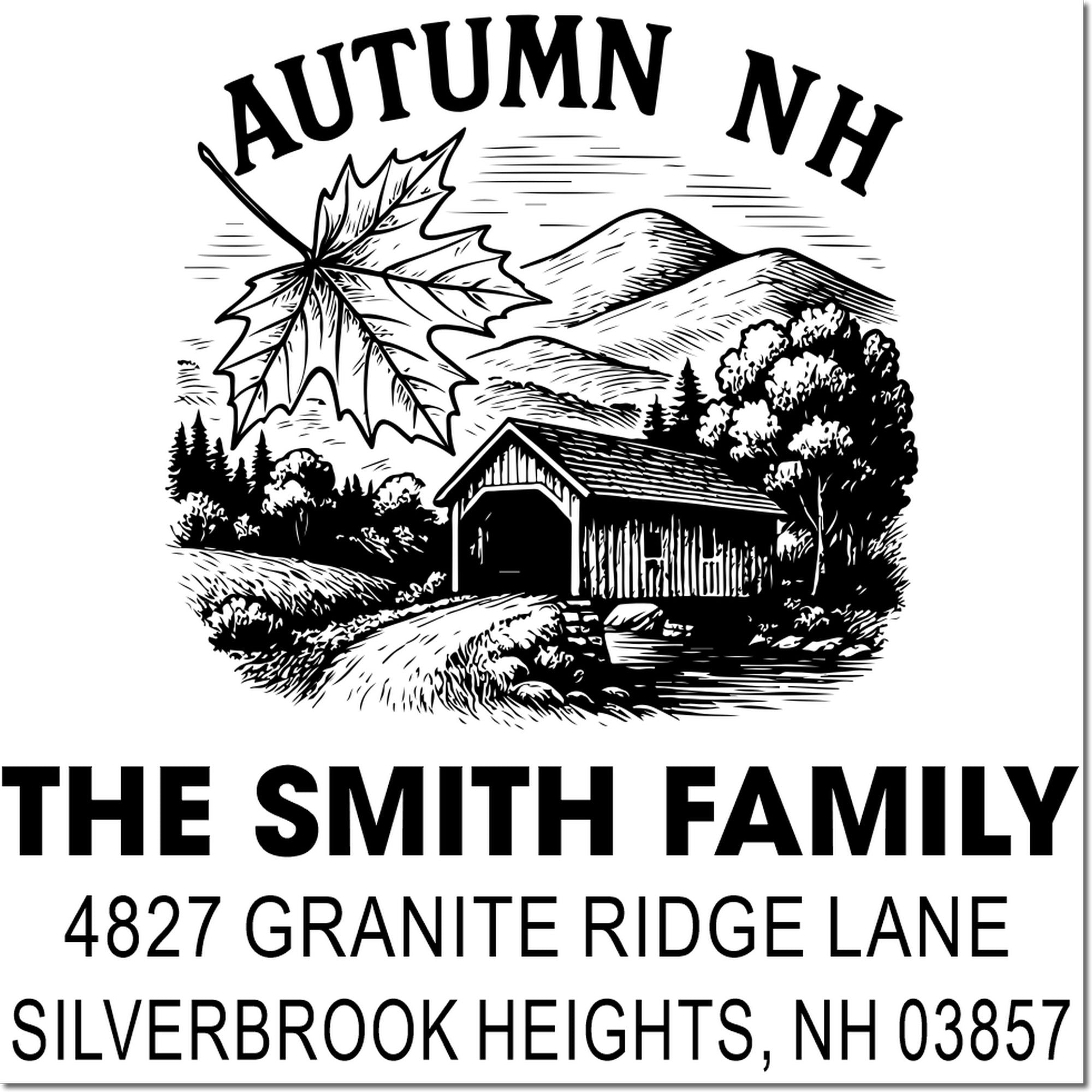 Custom autumn New Hampshire address rubber stamp for The Smith Family, 4827 Granite Ridge Lane, Silverbrook Heights NH 03857.