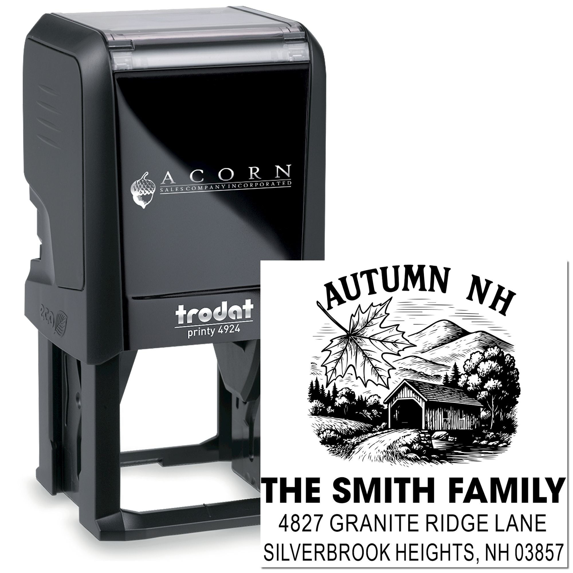Custom self-inking rubber address stamp for The Smith Family in Autumn NH, with seasonal cabin design and return address.