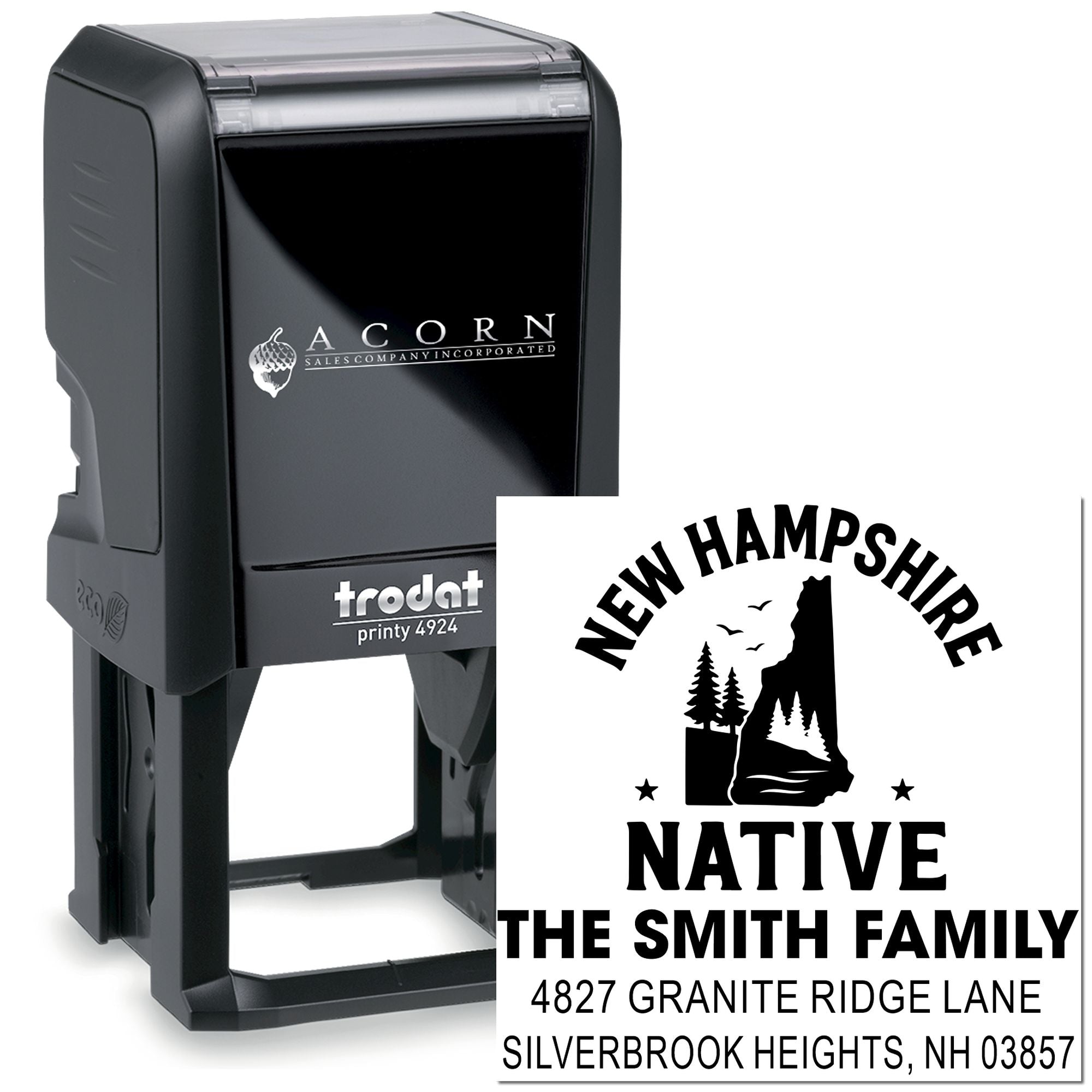 Custom self-inking rubber stamp with New Hampshire Native family address design for personalized return address stamping.