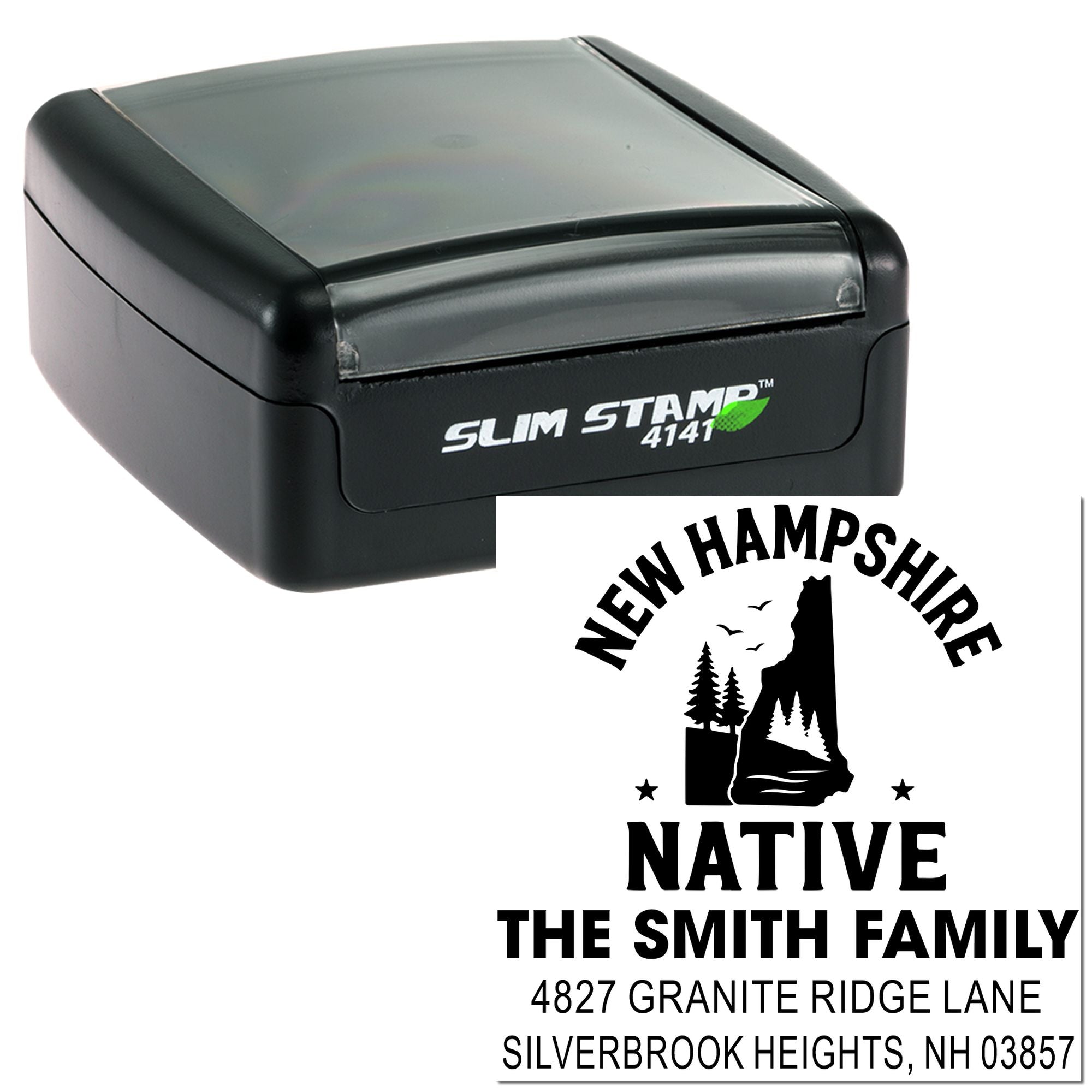 Custom self-inking Slim Stamp 4141 rubber stamp with New Hampshire Native return address design for The Smith Family.