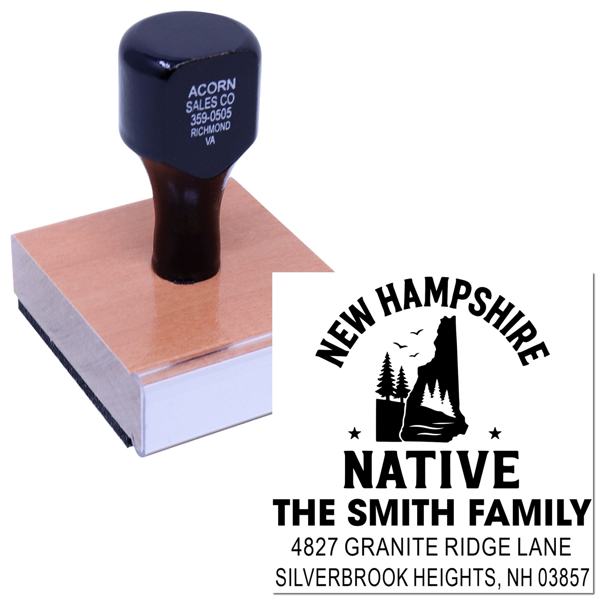 Custom New Hampshire Native rubber address stamp with family name, address, and state silhouette design