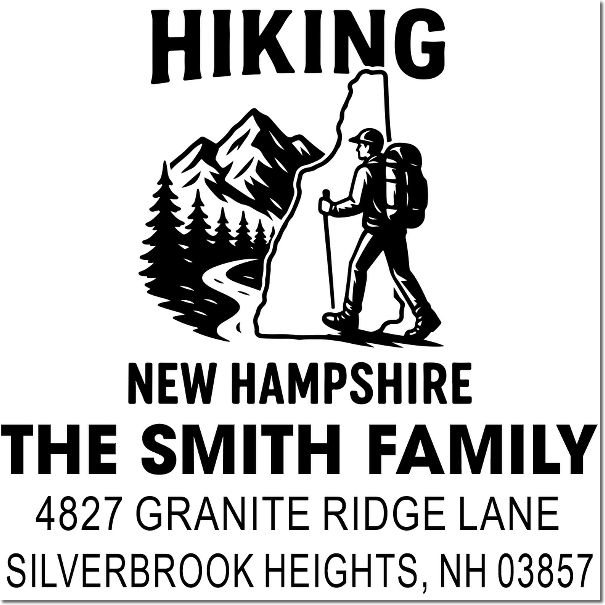 Custom hiking rubber stamp for The Smith Family, New Hampshire return address with hiker and mountain design.