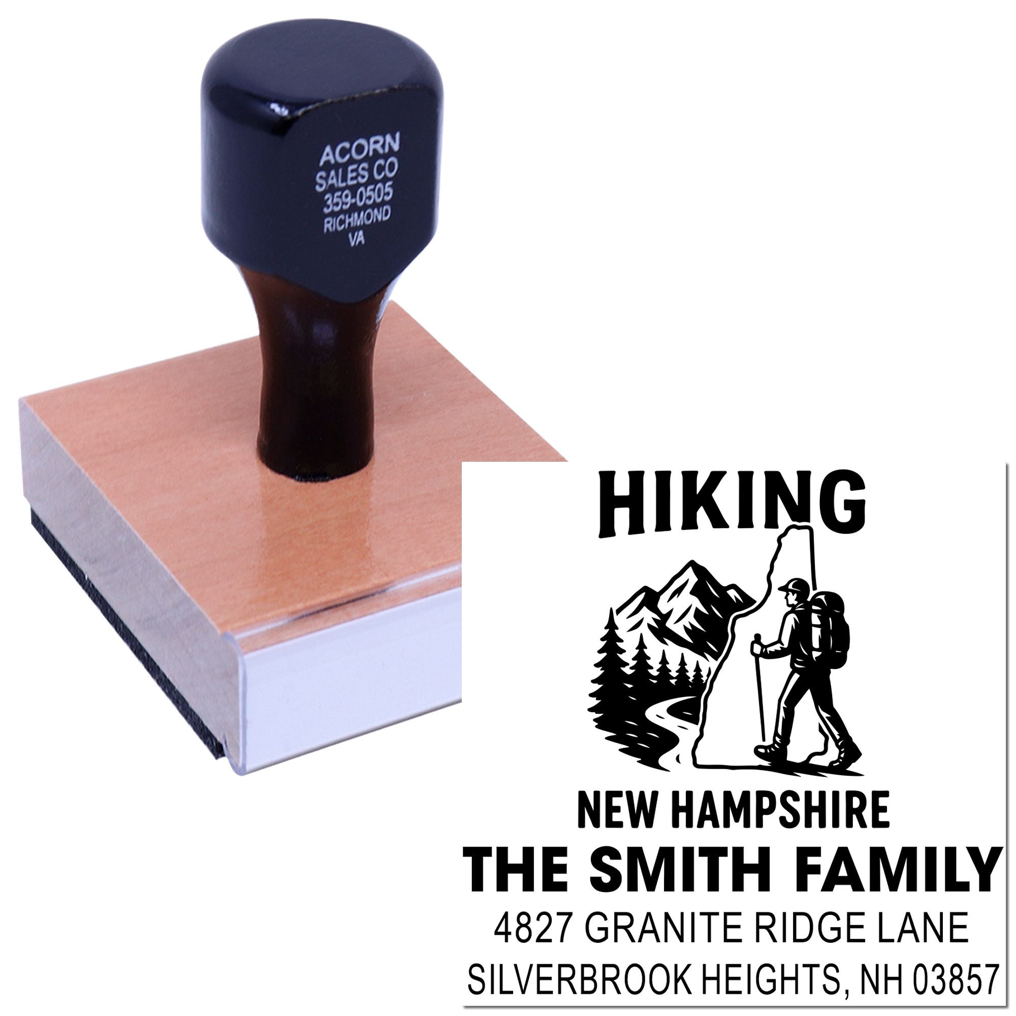 Personalized rubber stamp for hikers with custom New Hampshire family address and mountain trail logo.