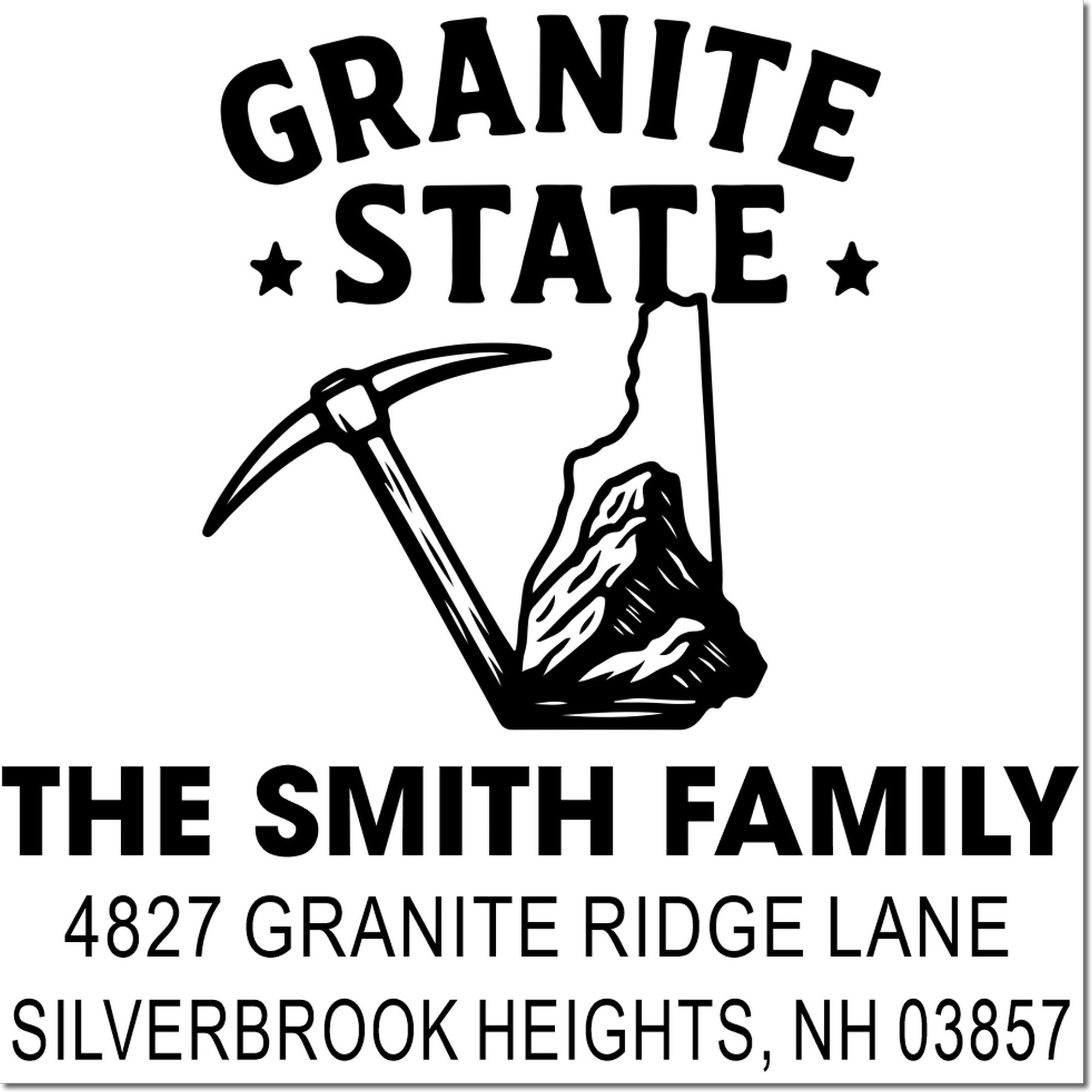 Personalized Granite State return address rubber stamp for The Smith Family, 4827 Granite Ridge Lane, Silverbrook Heights, NH 03857