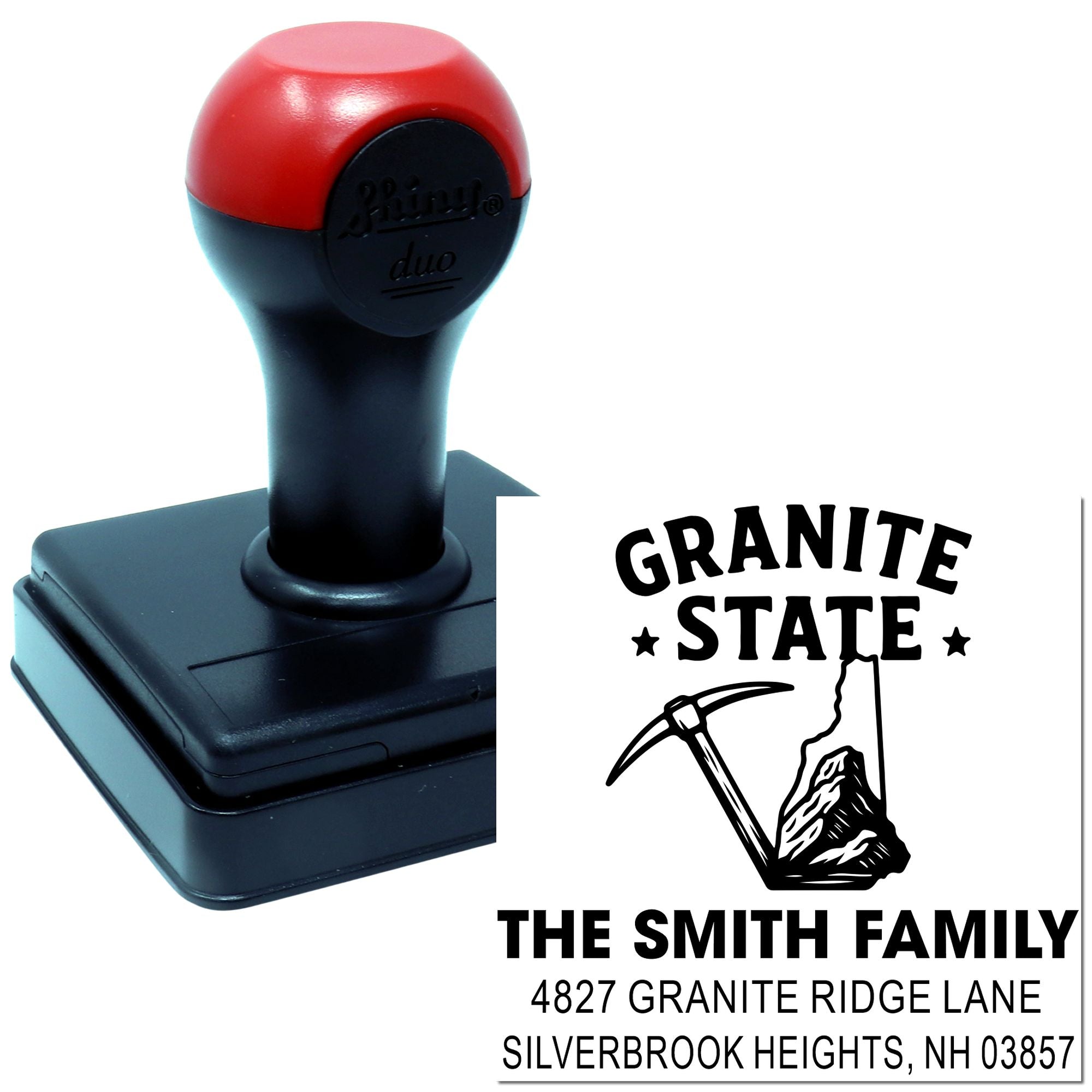Custom self-inking rubber stamp showing Granite State address design for The Smith Family, Silverbrook Heights, NH.