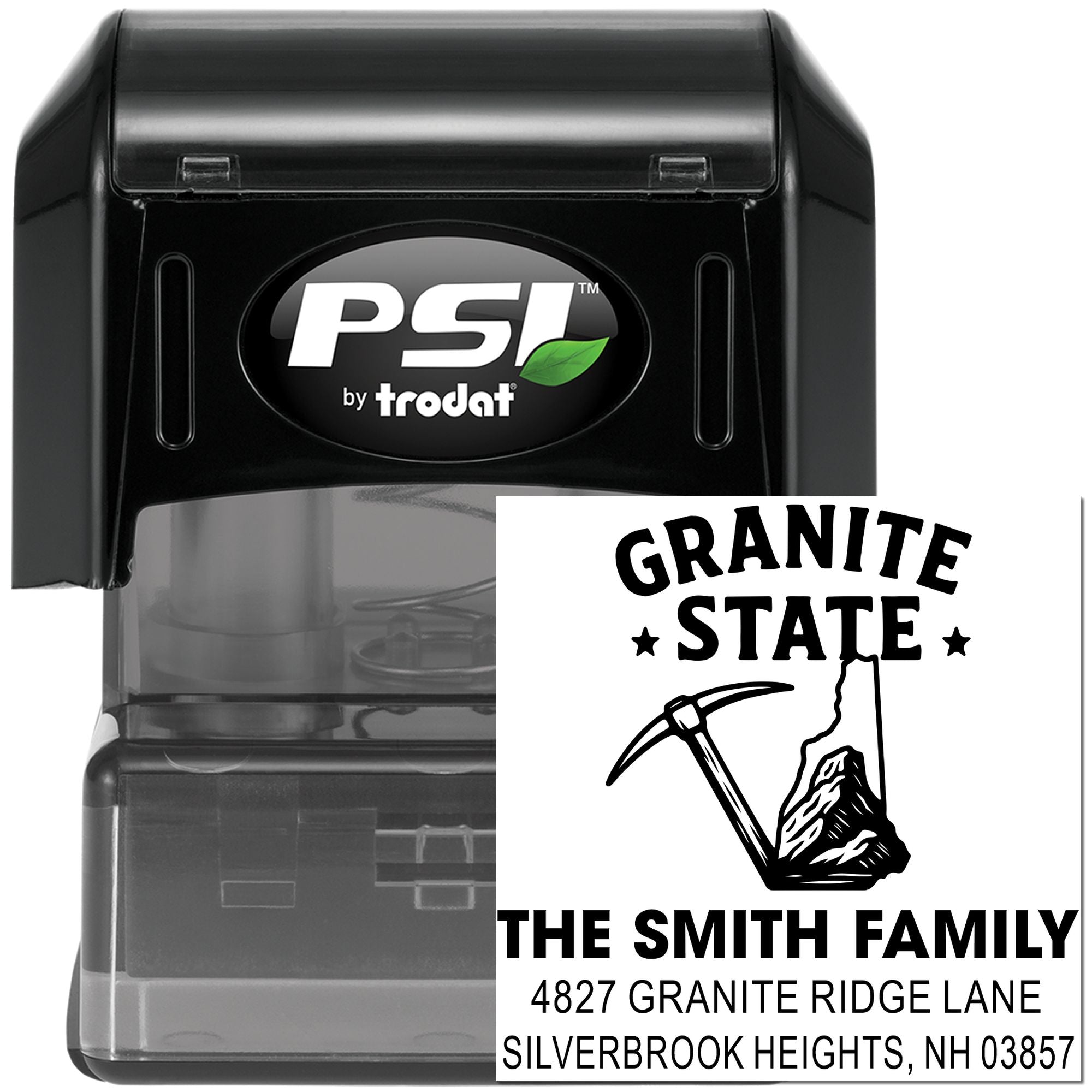 Custom PSI Trodat address rubber stamp with Granite State design for The Smith Family return address in New Hampshire.