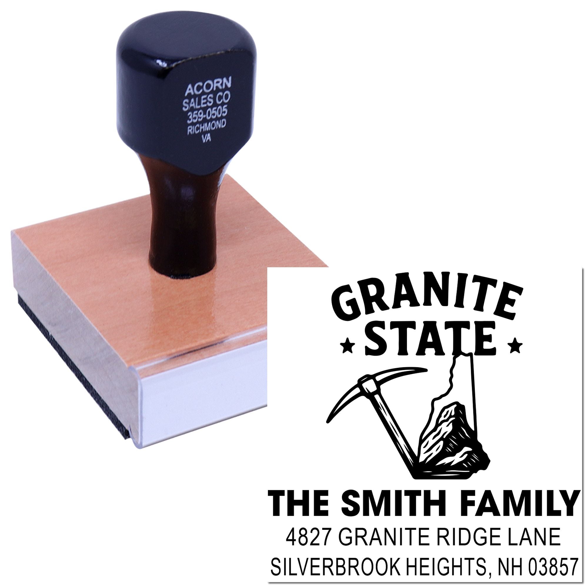 Custom personalized rubber return address stamp with Granite State family design and full mailing address imprint.