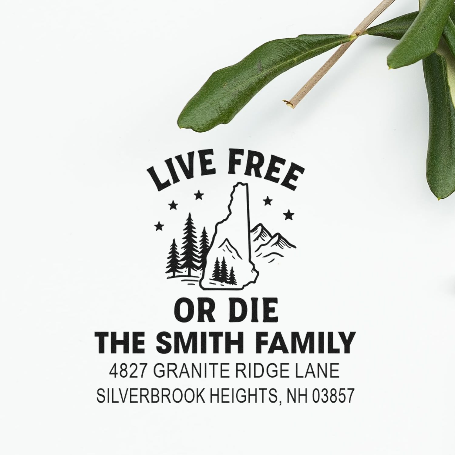 Personalized rubber return address stamp with New Hampshire Live Free or Die design for the Smith family.