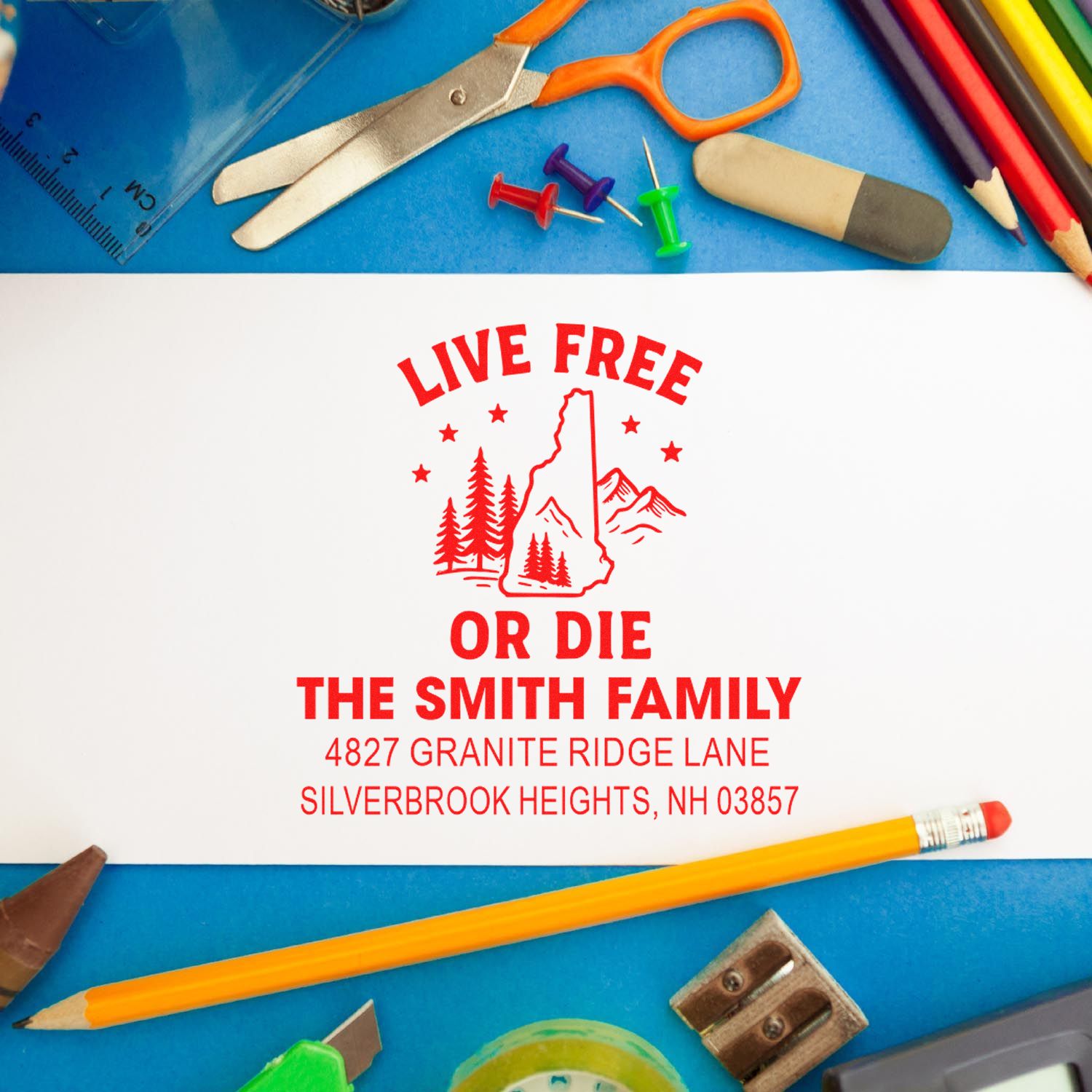 Custom rubber address stamp for the Smith family with Live Free or Die New Hampshire return address.