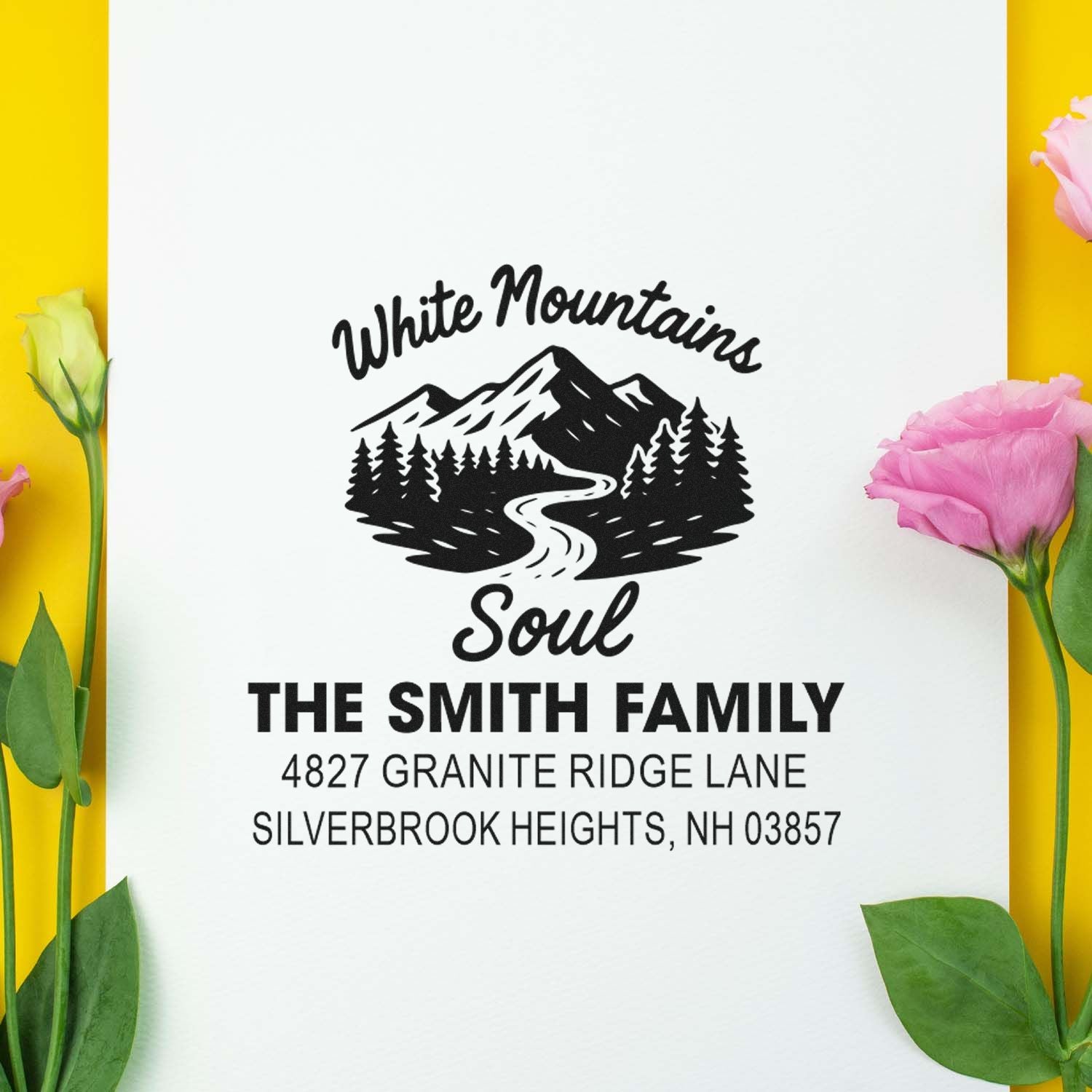 Custom return address rubber stamp with White Mountains Soul mountain logo, The Smith Family name, and mailing address.