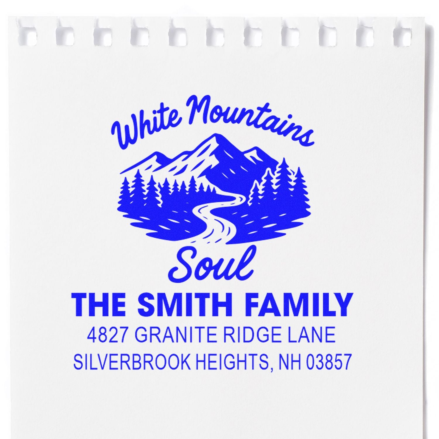 Custom rubber return address stamp with White Mountains Soul design for The Smith Family, Silverbrook Heights NH