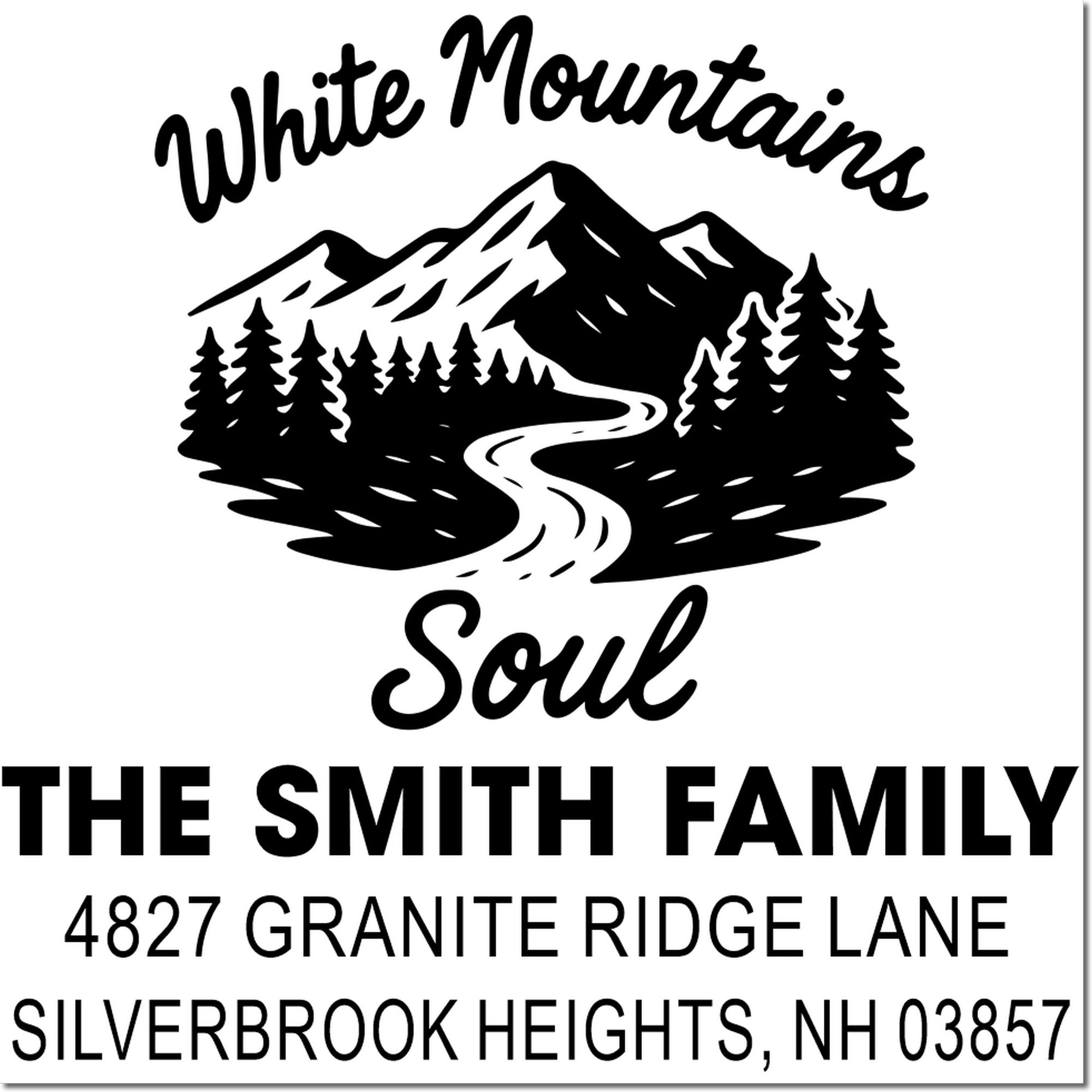 Custom rubber stamp for The Smith Family with White Mountains logo and address, Silverbrook Heights, NH 03857