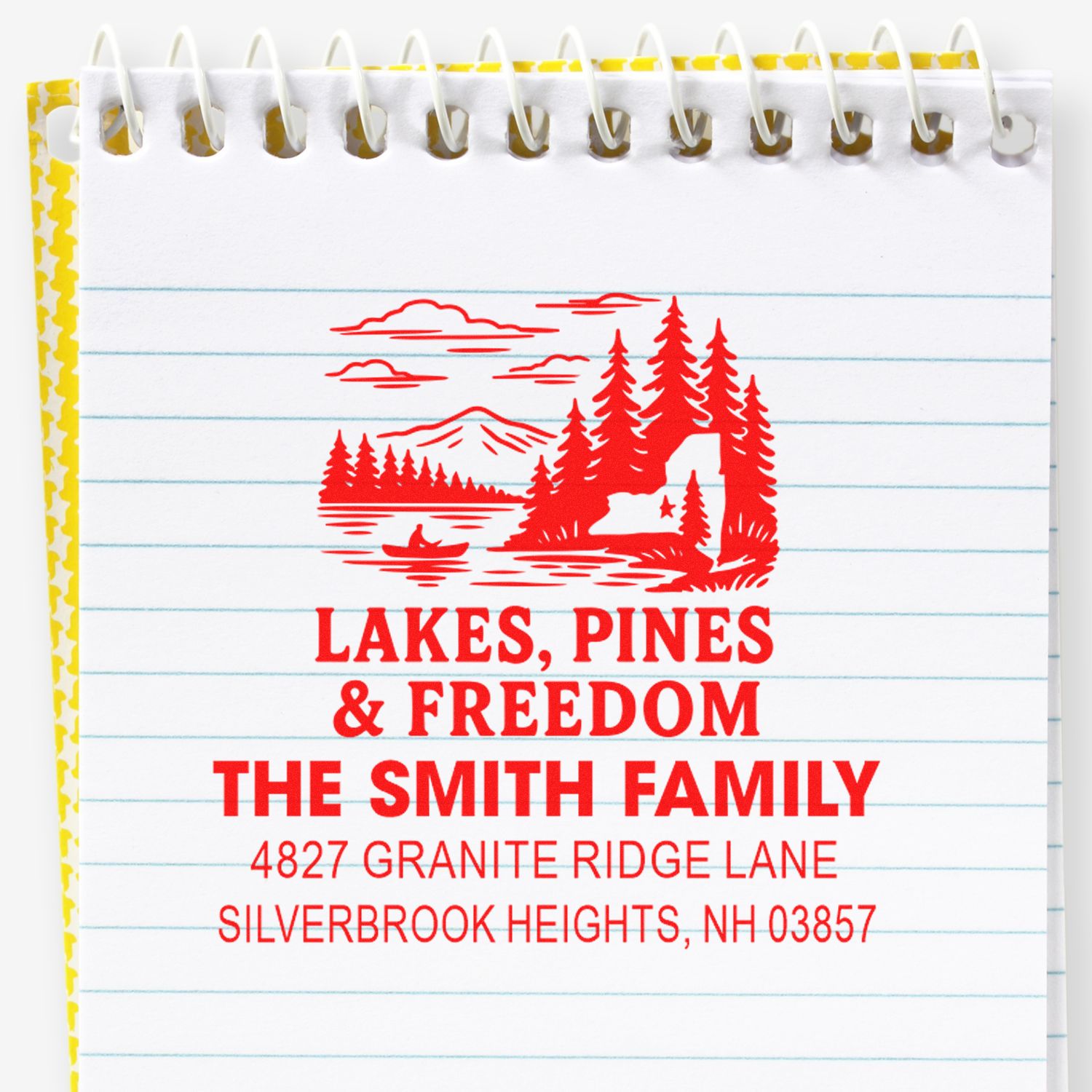Personalized rubber address stamp with lakes, pines and freedom design for The Smith Family return address.