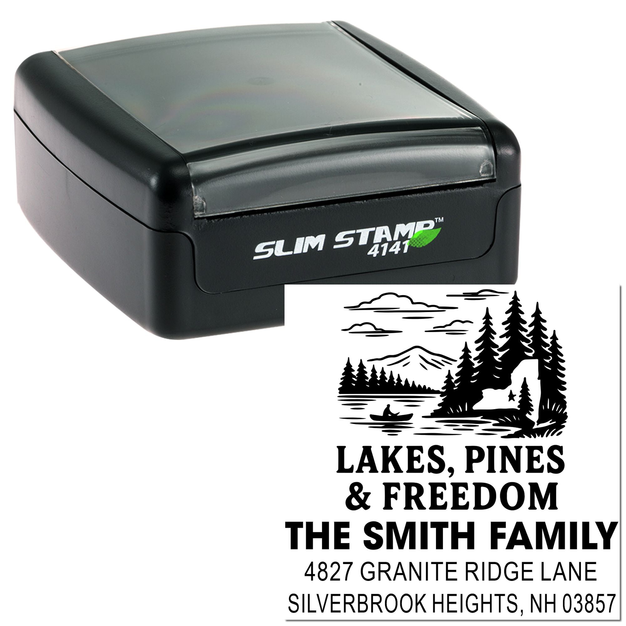 Custom self-inking rubber stamp with lakes and pines design, family name, and return address for personalized mailing.