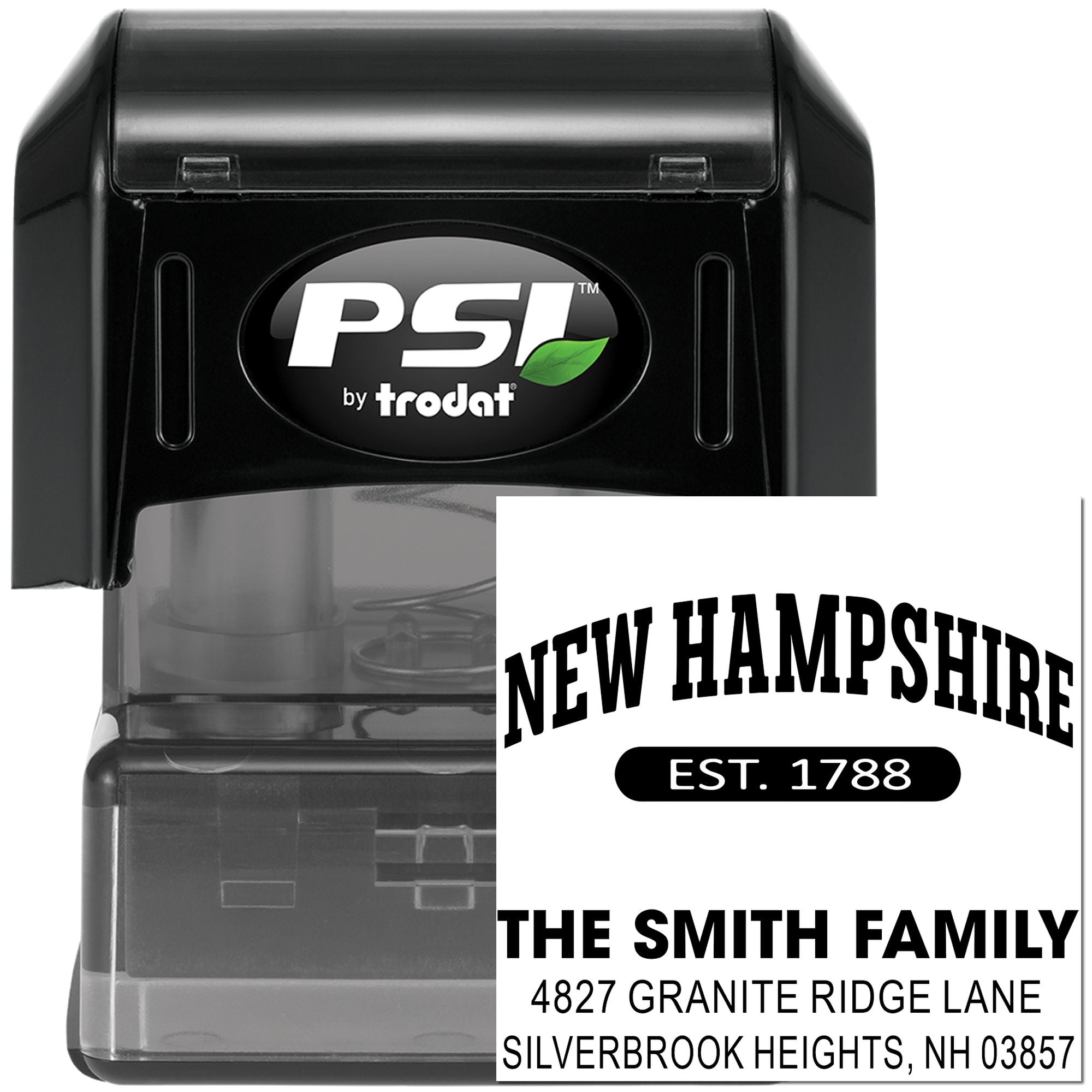 PSI by Trodat custom self-inking rubber stamp for New Hampshire family address and personalized home return imprint