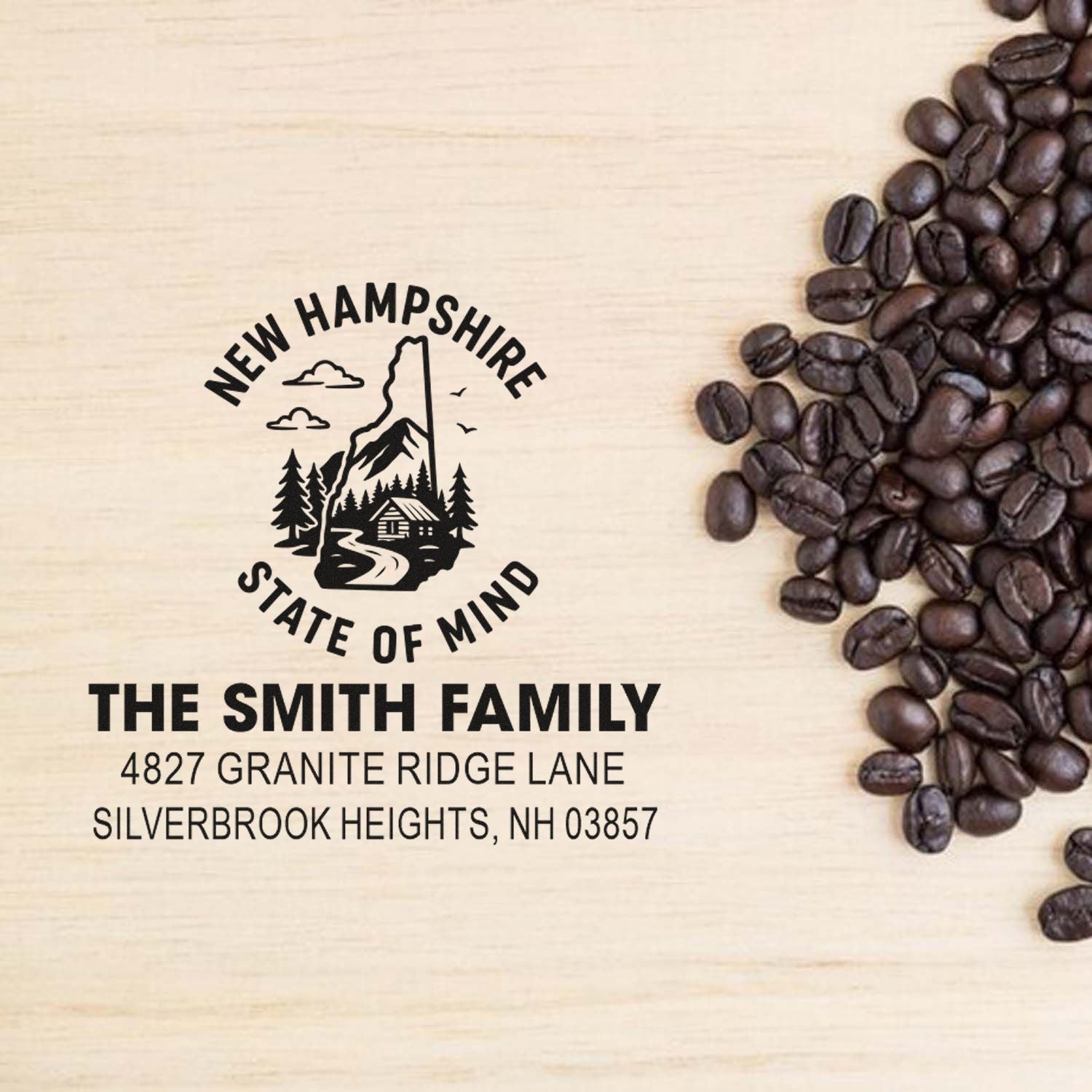 Custom New Hampshire return address rubber stamp for The Smith Family with coffee-themed state design and home address.