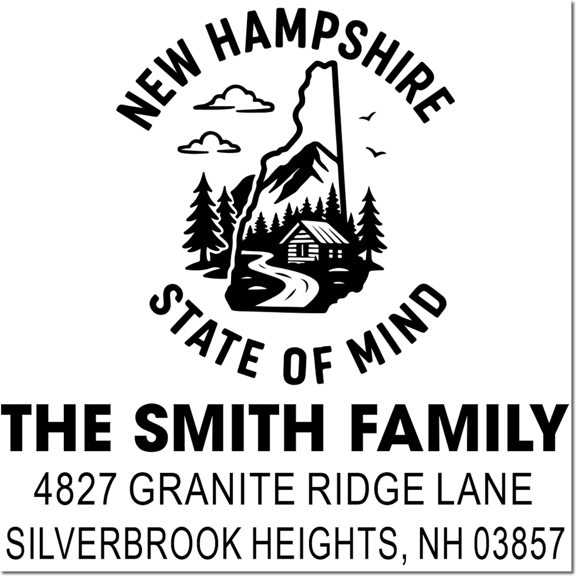 Custom New Hampshire address rubber stamp for the Smith family, 4827 Granite Ridge Lane, Silverbrook Heights NH 03857.