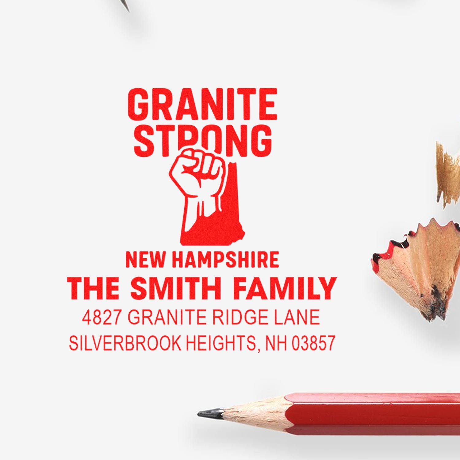 Custom Granite Strong New Hampshire address rubber stamp for The Smith Family, Silverbrook Heights, NH 03857